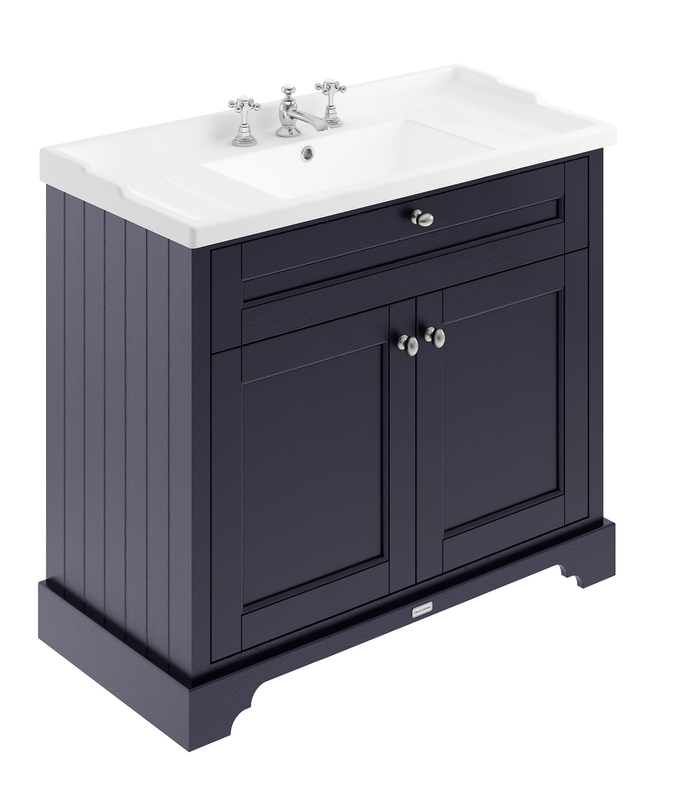 Old London Floor Standing Vanity Unit with 3 Tap Hole Ceramic Basin with MDF Cabinet, Soft Close Doors, Traditional Bathroom Sink Vanity Unit in Twilight Blue, 1000mm