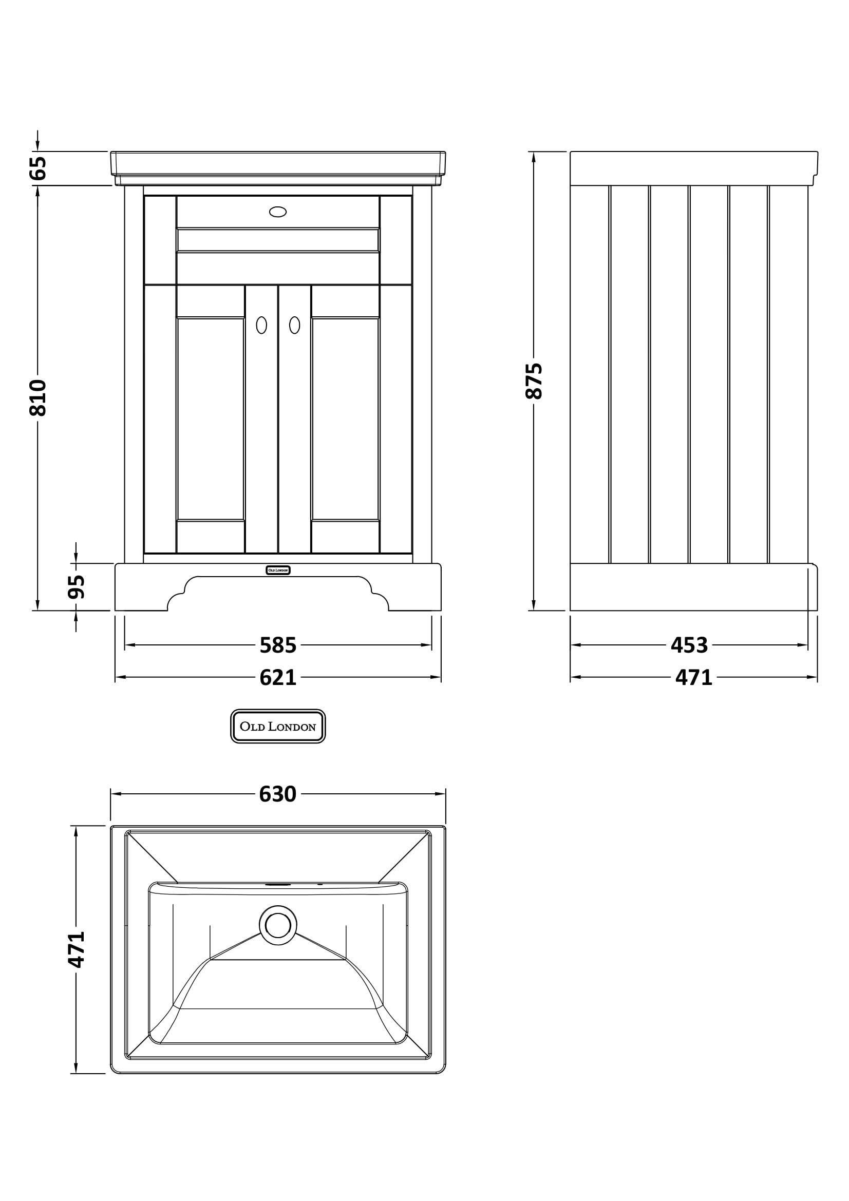 Old London Floor Standing Vanity Unit with Fireclay Basin for Wall Mounted Taps with MDF Cabinet, Soft Close Doors, Traditional Sink Vanity Unit in Twilight Blue, 600mm
