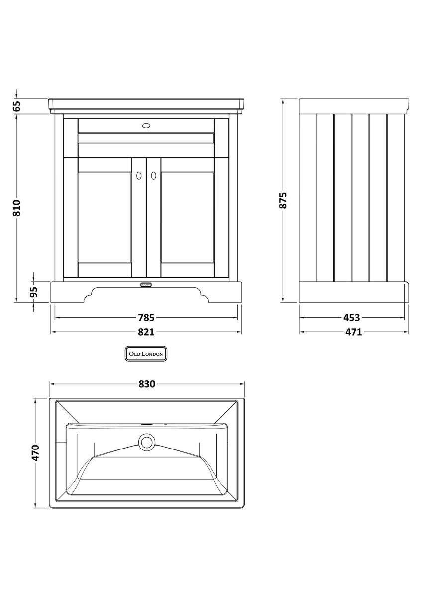 Old London Floor Standing Vanity Unit with Fireclay Basin for Wall Mounted Taps with MDF Cabinet, Soft Close Doors, Traditional Sink Vanity Unit in Twilight Blue, 800mm
