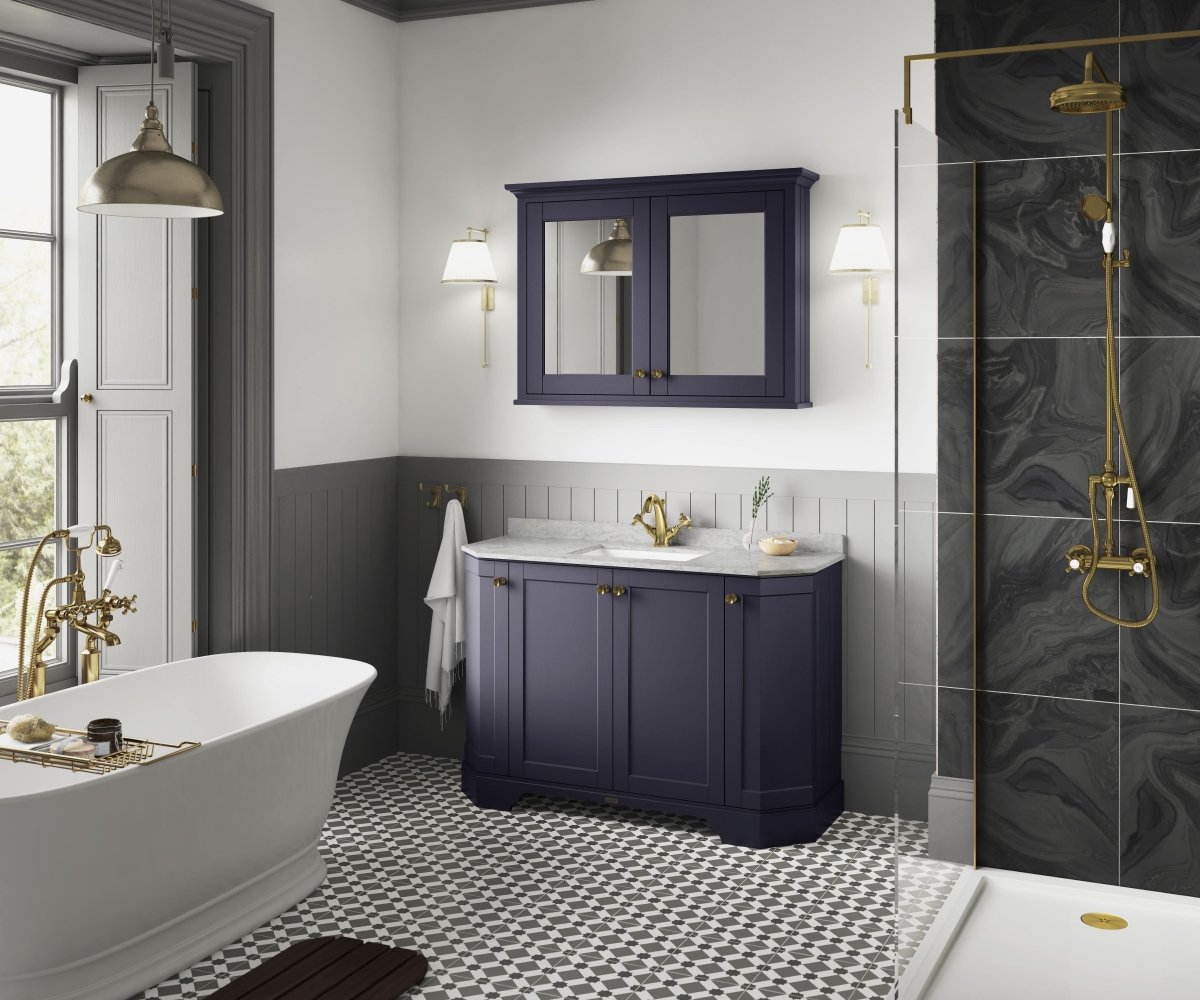 Old London Floor Standing 4 Door Vanity Unit with Grey Marble 1 Tap Hole Basin, Traditional Bathroom Vanity Unit with Basin & Storage Cabinet in Twilight Blue, 1200mm