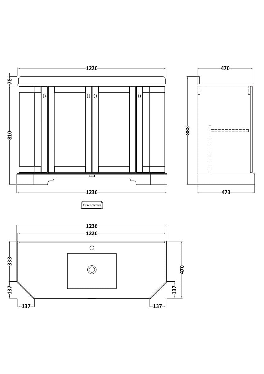Old London Floor Standing 4 Door Vanity Unit with Grey Marble 1 Tap Hole Basin, Traditional Bathroom Vanity Unit with Basin & Storage Cabinet in Twilight Blue, 1200mm