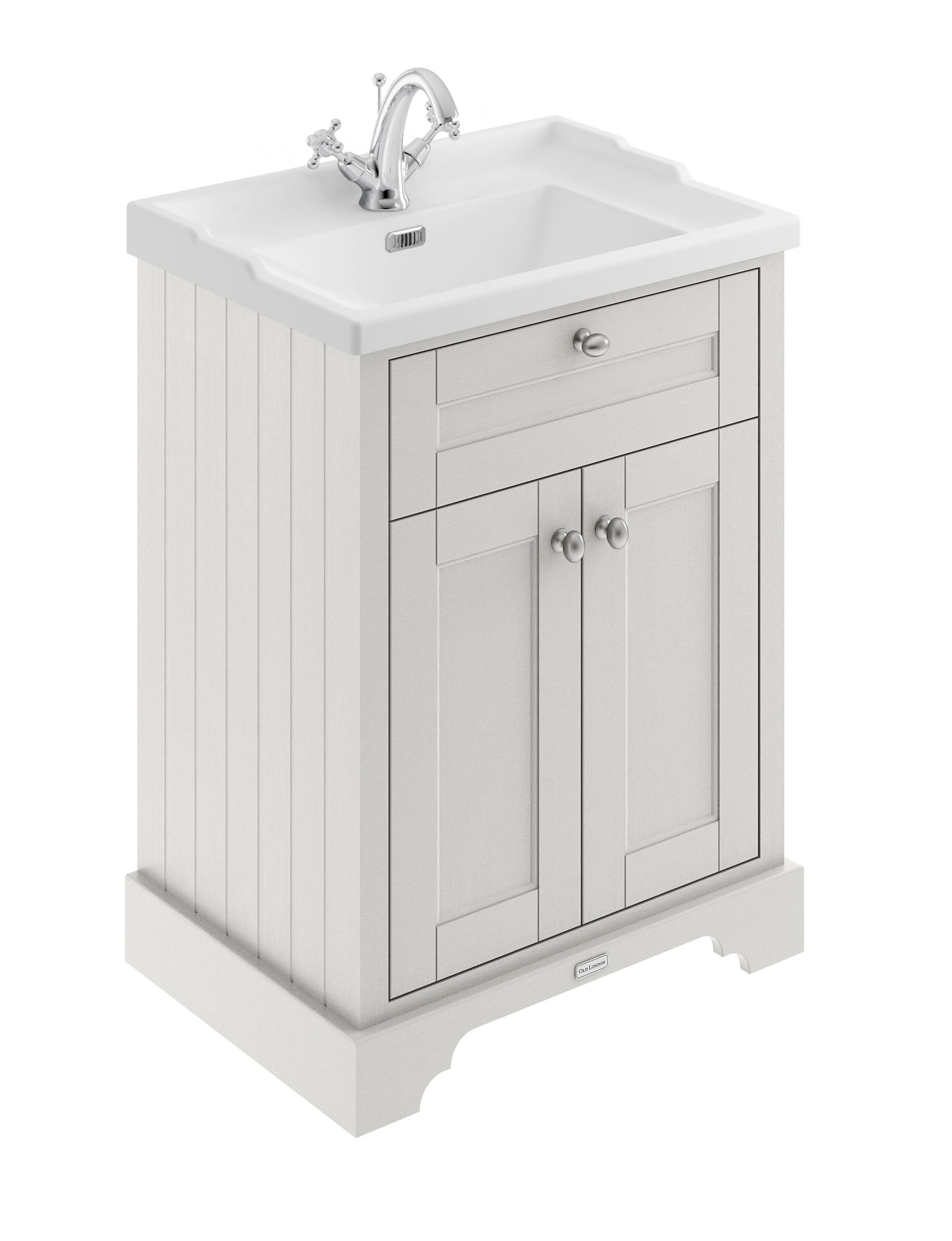 Old London Floor Standing Vanity Unit with Ceramic Basin, 2 Door Cabinet, 1 Tap Hole Sink, Classic Bathroom Vanity Unit with Storage in Timeless Sand, 600mm