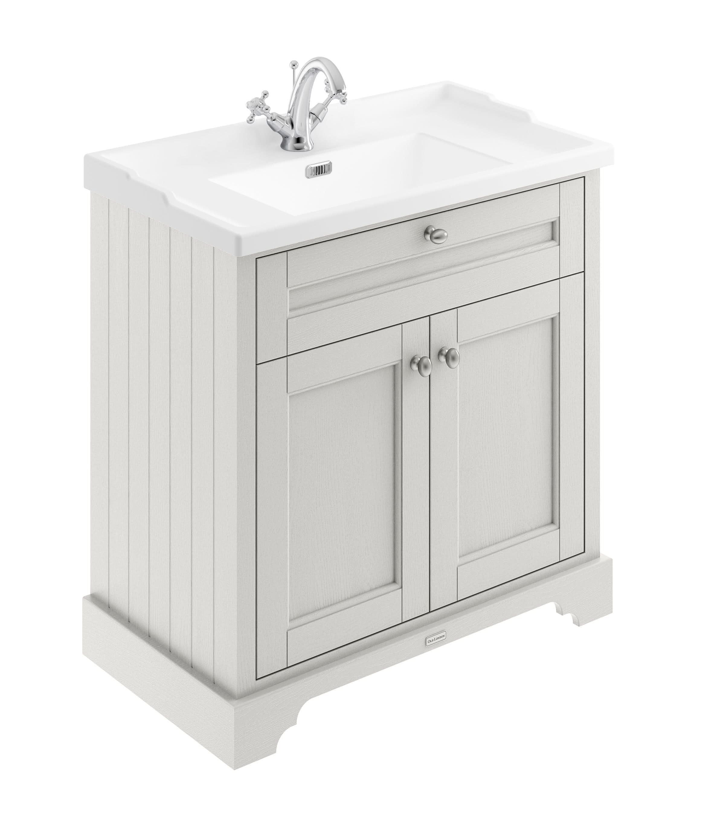Old London Floor Standing Vanity Unit with Ceramic Basin, 2 Door Cabinet, 1 Tap Hole, Traditional Bathroom Sink Vanity Unit for Classic Spaces in Timeless Sand, 800mm