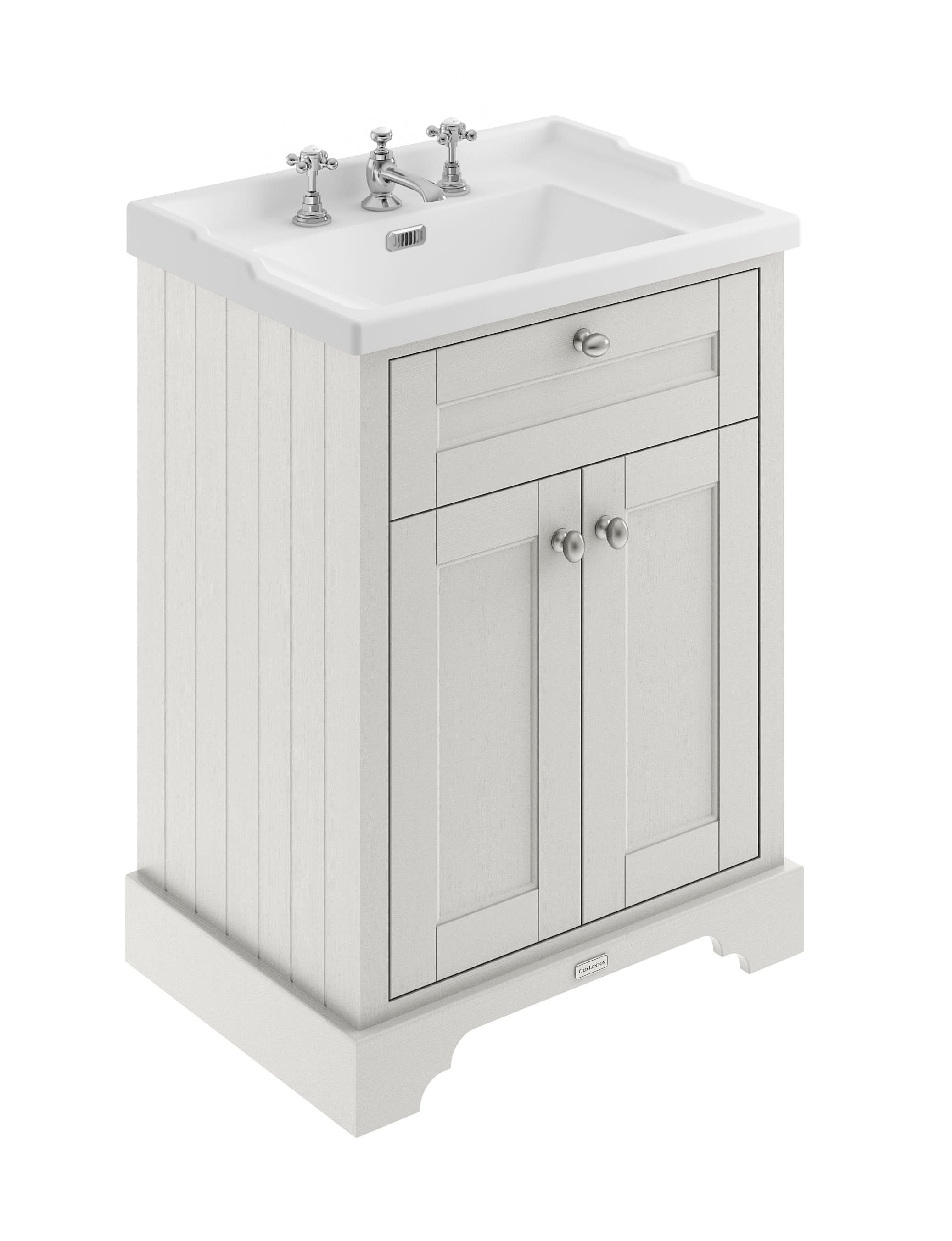 Old London Floor Standing Vanity Unit with 3 Tap Hole Grey Marble Top, Traditional Bathroom Sink Cabinet, Soft Close Doors in Timeless Sand Finish, 800mm