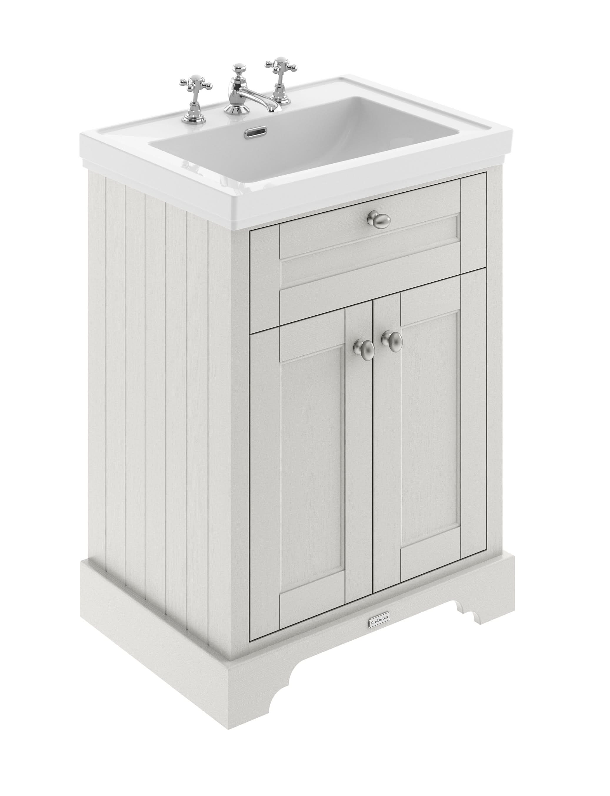 Old London Floor Standing Vanity Unit with 3 Tap Hole Fireclay Basin, Traditional Sink Vanity Unit for Bathroom, Soft Close Doors in Timeless Sand, 600mm