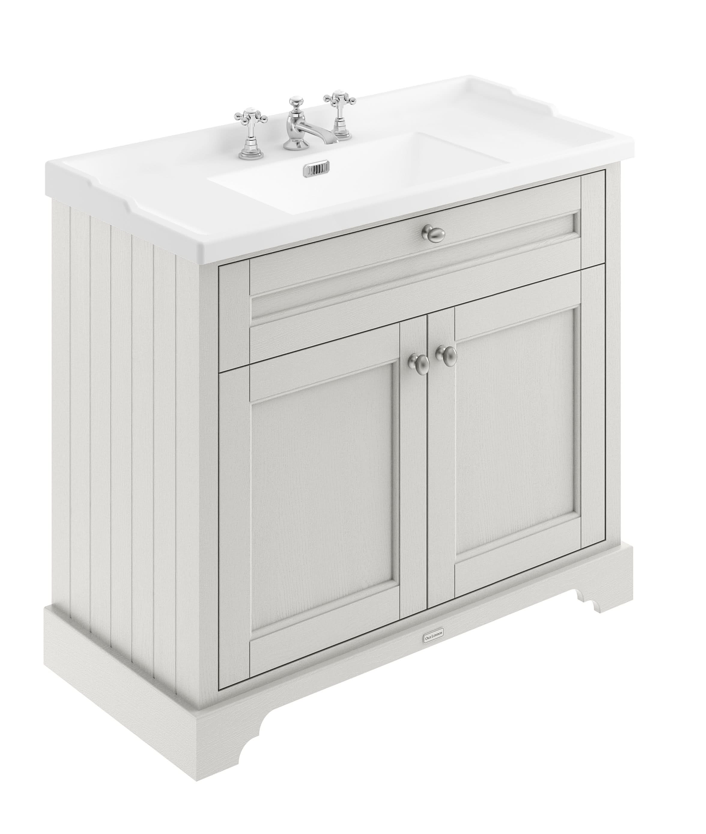 Old London Floor Standing Vanity Unit with 3 Tap Hole Ceramic Basin, Traditional Sink Vanity Unit for Bathroom, Soft Close Doors in Timeless Sand, 1000mm