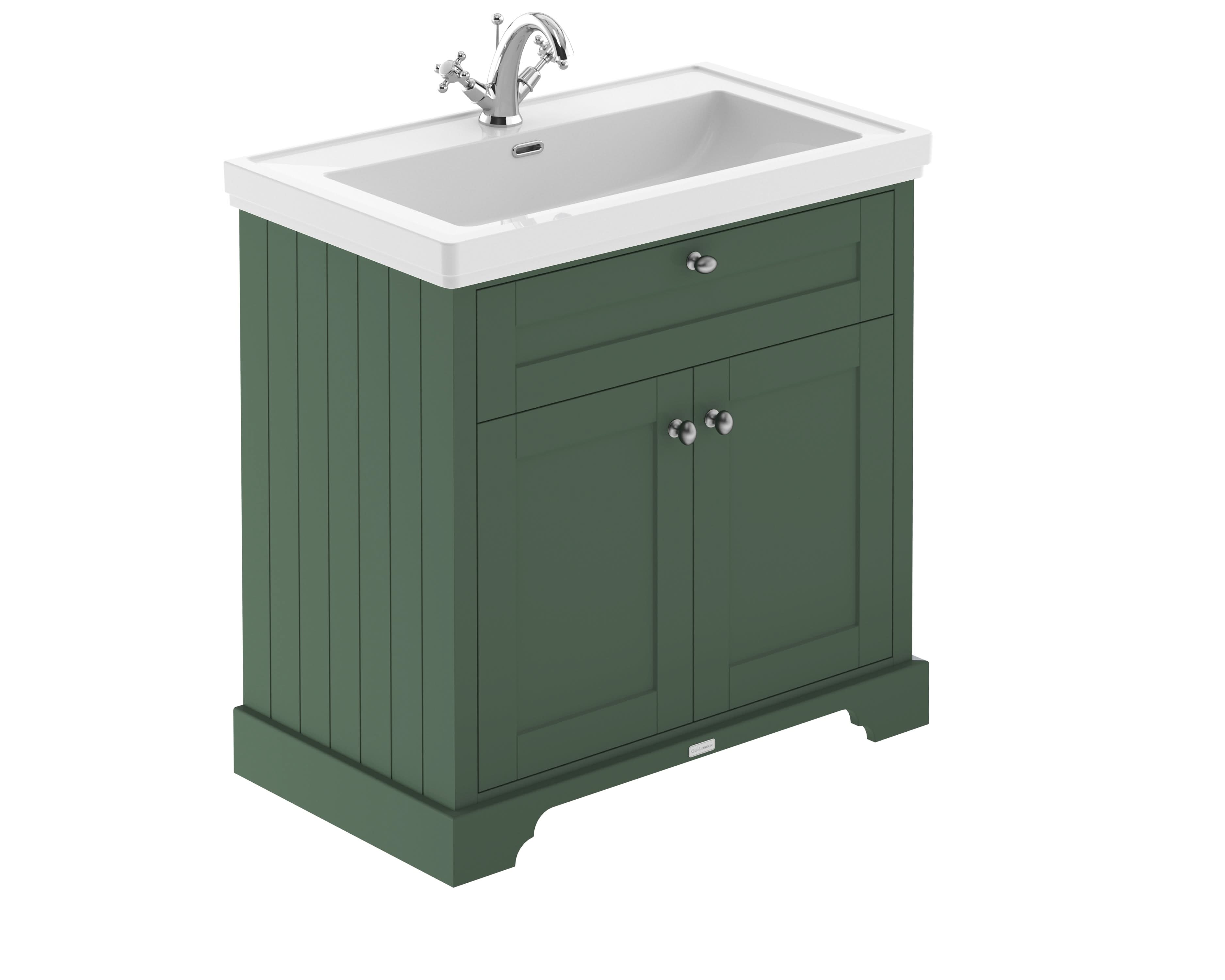 Old London Floor Standing Vanity Unit with Classic 1TH Fireclay Basin, Traditional Bathroom Vanity Unit with Basin & Soft Close Doors in Hunter Green, 800mm
