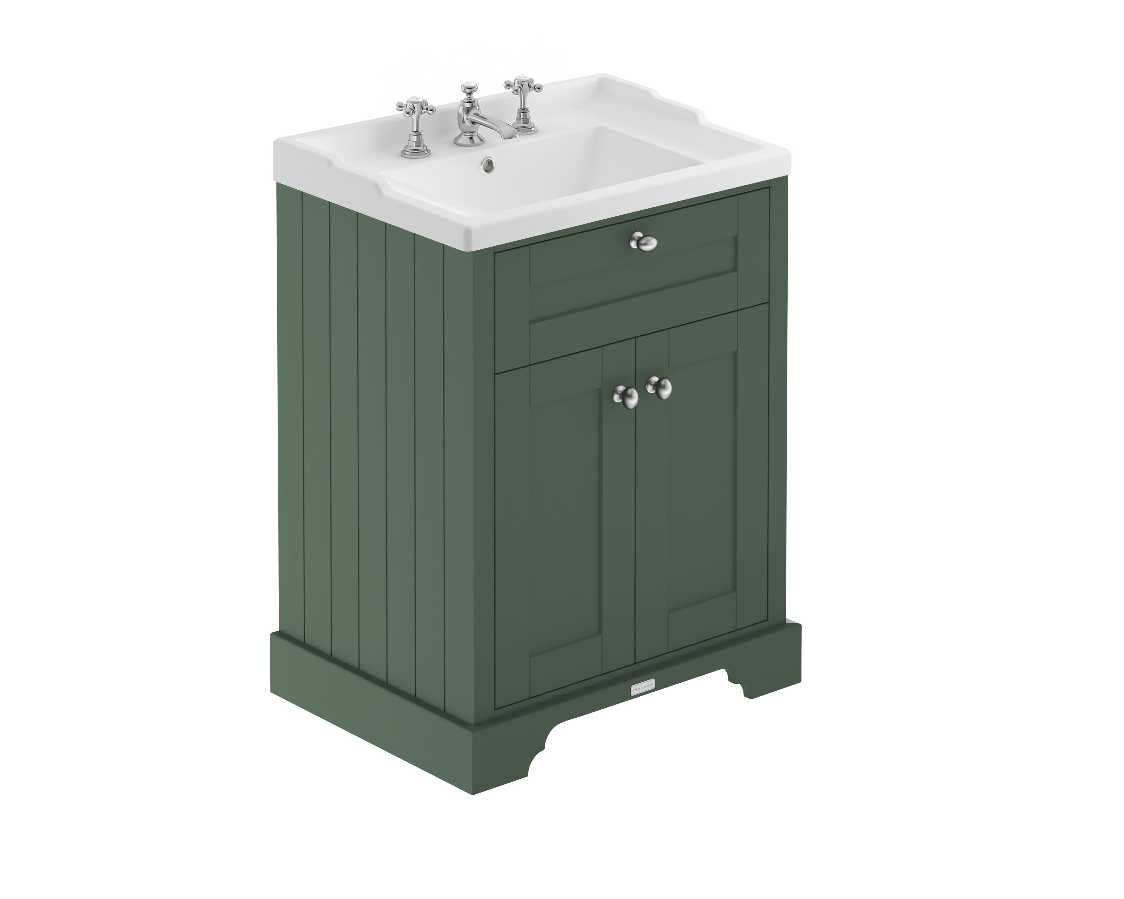 Old London Floor Standing Vanity Unit with 3 Tap Hole Ceramic Basin, Traditional Sink Cabinet, Classic Bathroom Vanity Unit with Basin & Storage in Hunter Green, 600mm