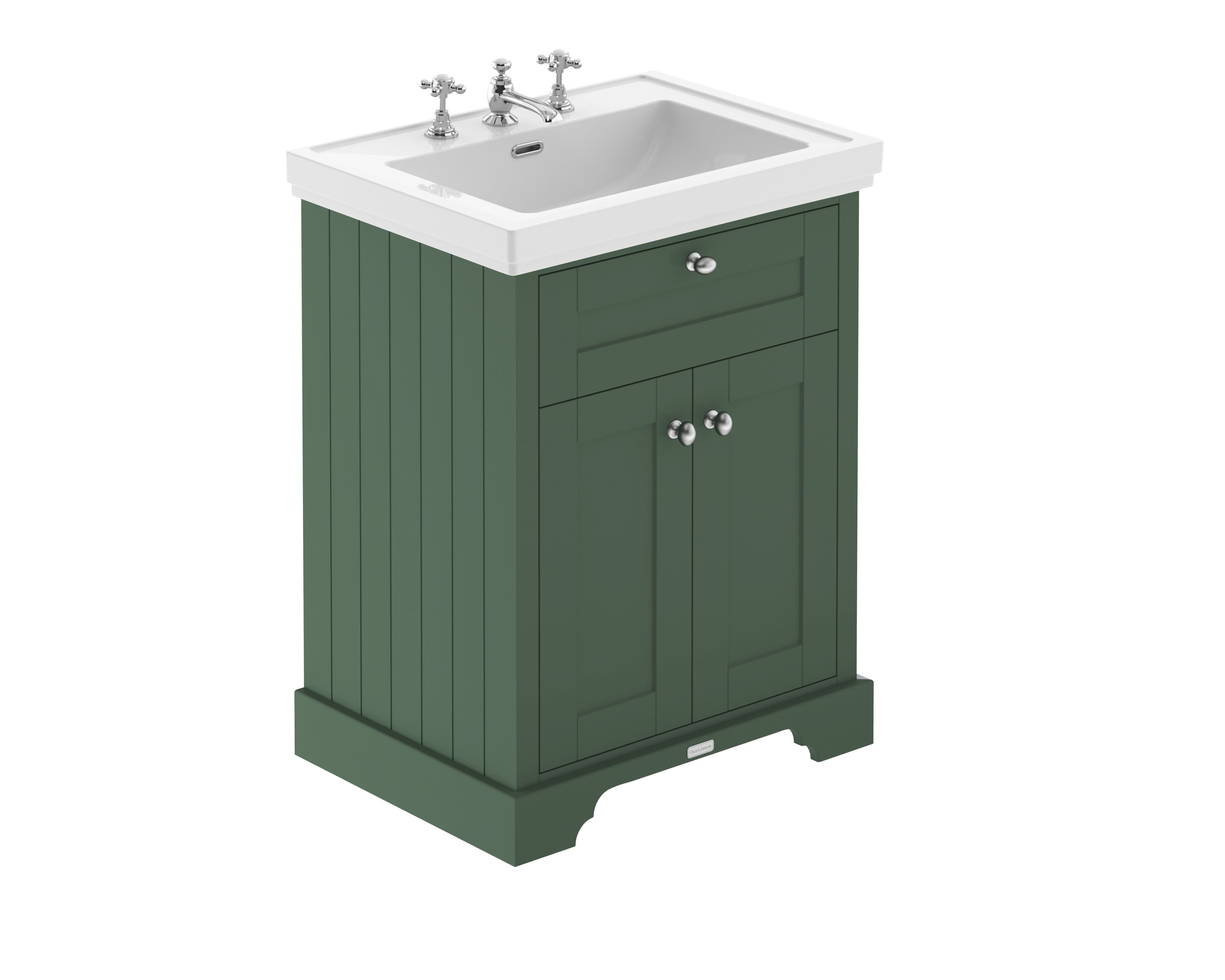 Old London Floor Standing Vanity Unit with 3 Tap Hole Fireclay Basin, Traditional Bathroom Vanity Unit with Basin & Storage, Soft Close Doors in Hunter Green, 600mm