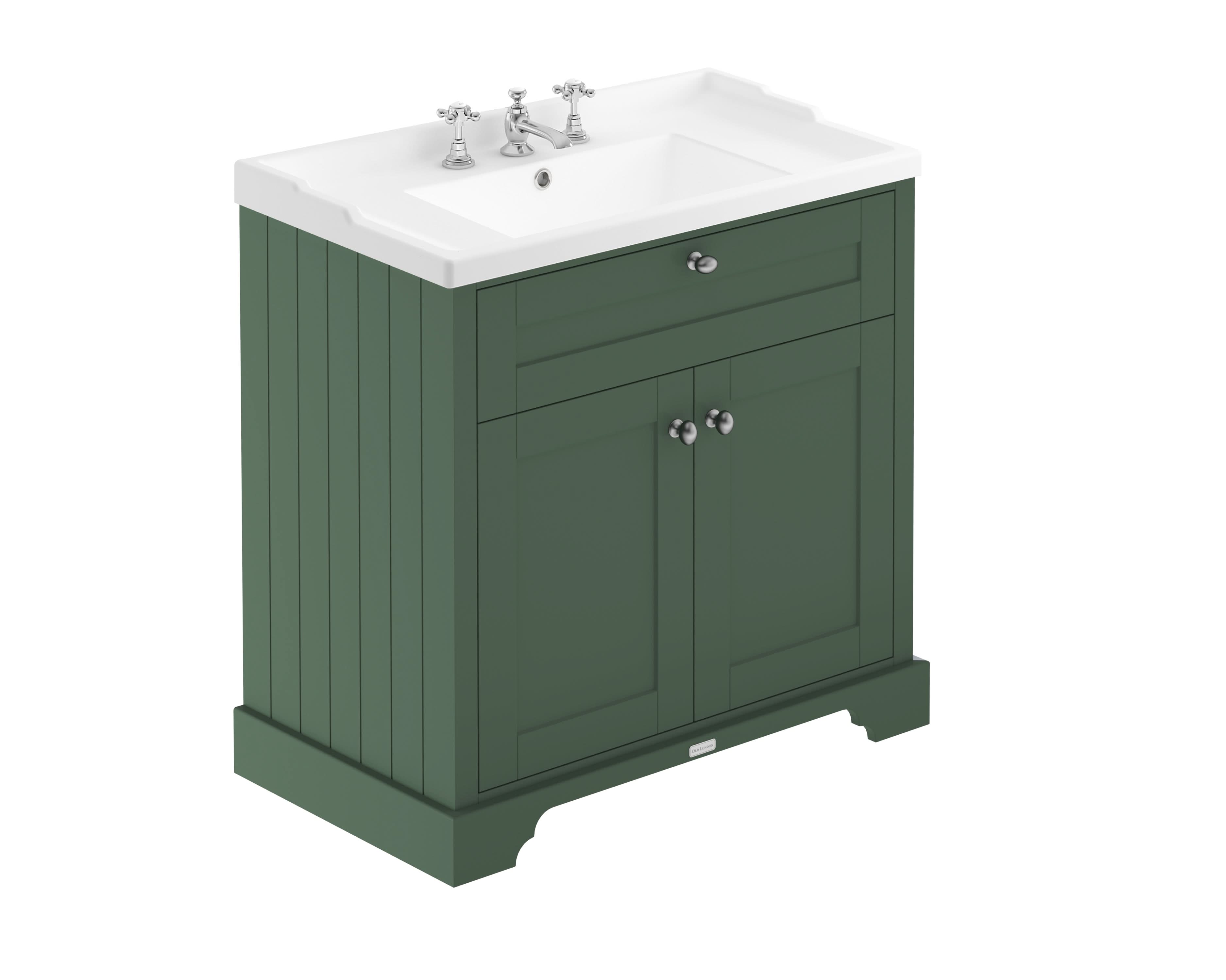 Old London Floor Standing Vanity Unit with 3 Tap Hole Ceramic Basin, Traditional Sink Vanity Unit for Bathroom, Soft Close Doors in Hunter Green, 800mm