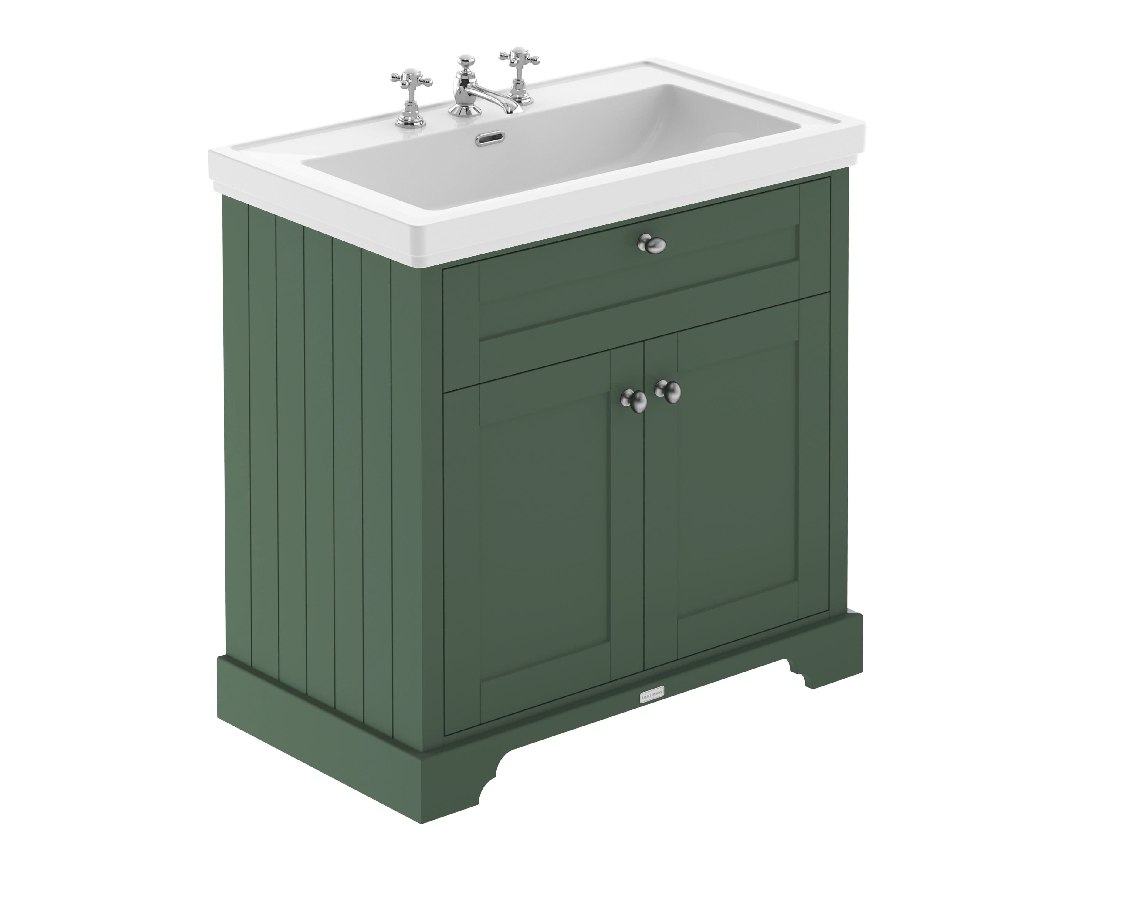 Old London Floor Standing Vanity Unit with 3 Tap Hole Fireclay Basin, Traditional Bathroom Vanity Unit with Basin, Durable Bathroom Furniture in Hunter Green, 800mm