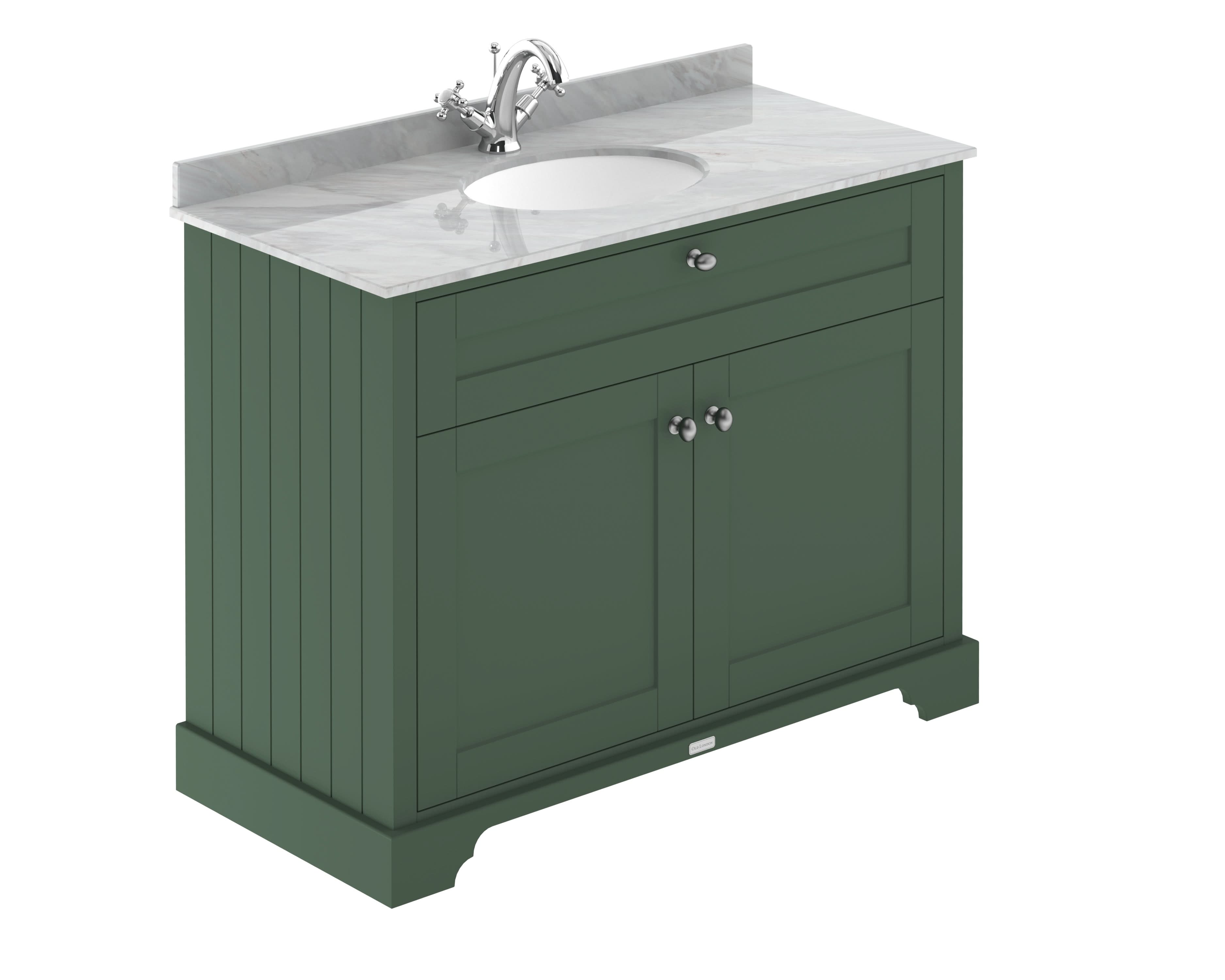Old London Floor Standing Vanity Unit with Basin 1 Tap Hole and Grey Marble Top, Durable 2 Soft Close Doors Traditional Vanity Unit for Bathroom in Hunter Green, 1000mm