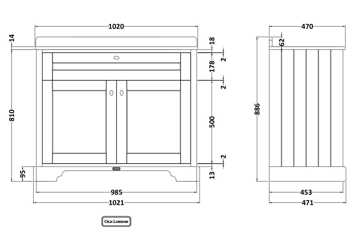 Old London Floor Standing Vanity Unit with Basin 1 Tap Hole and Grey Marble Top, Durable 2 Soft Close Doors Traditional Vanity Unit for Bathroom in Hunter Green, 1000mm