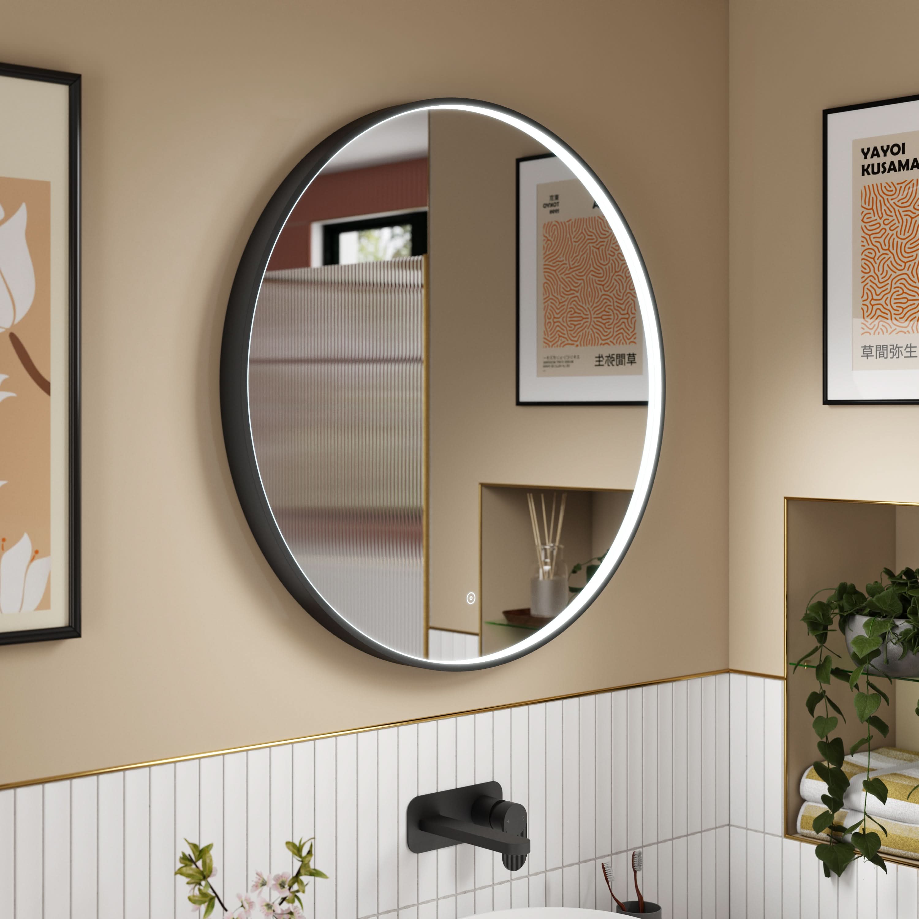 Hudson Reed Mensa Round LED Bathroom Mirror with Touch Sensor and Built-in Demister Pad, Illuminated Mirror for Modern Bathrooms in Black Inset Frame, 800mm