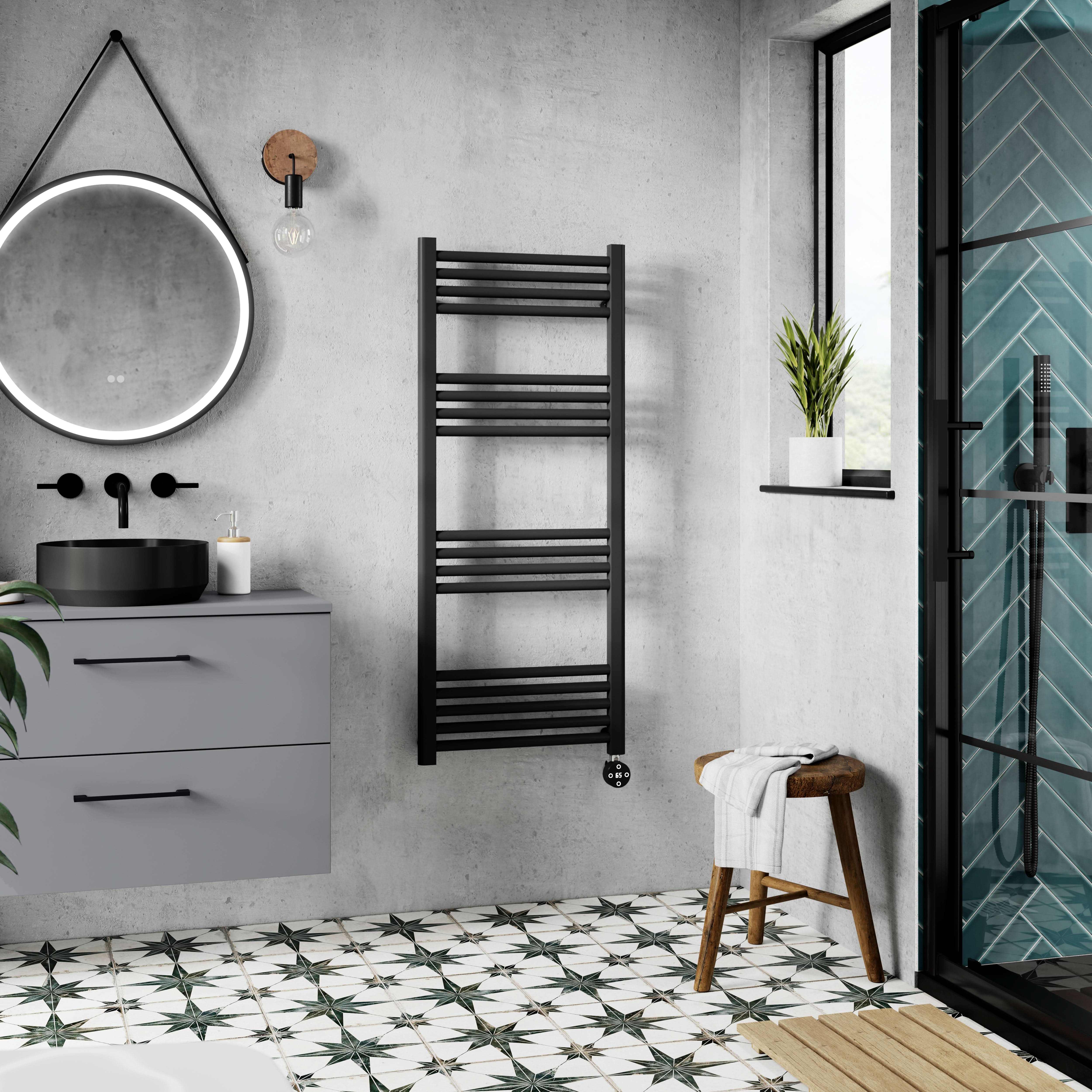 Hudson Reed Electric Round Straight Towel Radiator, Designer Heated Towel Rail with Thermostatic Control in Matt Black, 1200x500