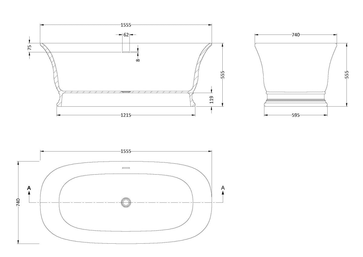 Old London Farringdon Oval Freestanding Bath Tub with Push Button Waste, Durable Acrylic Designer Bathtub in White, 1555x740mm