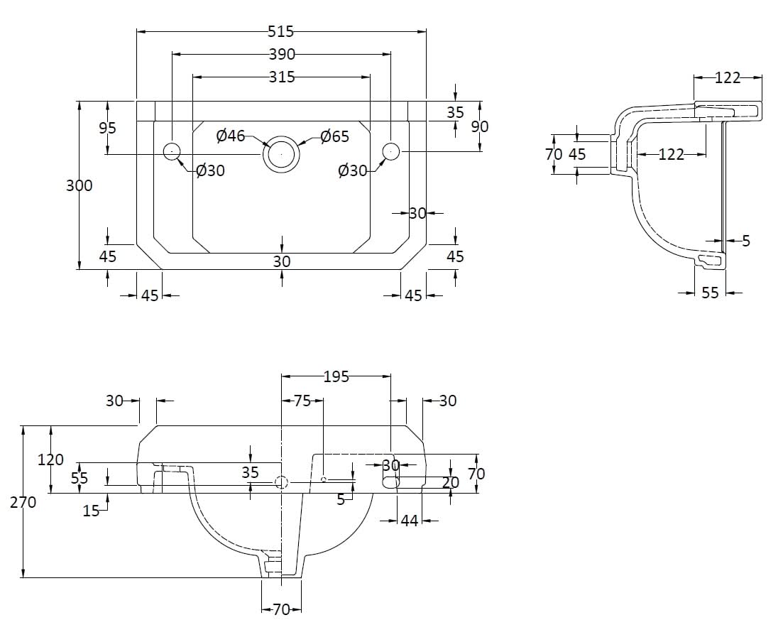 Hudson Reed Richmond Traditional Basin, Small Wall Hung Bathroom Sink with 2 Tap Holes, Ceramic Wash Basin, White 515mm