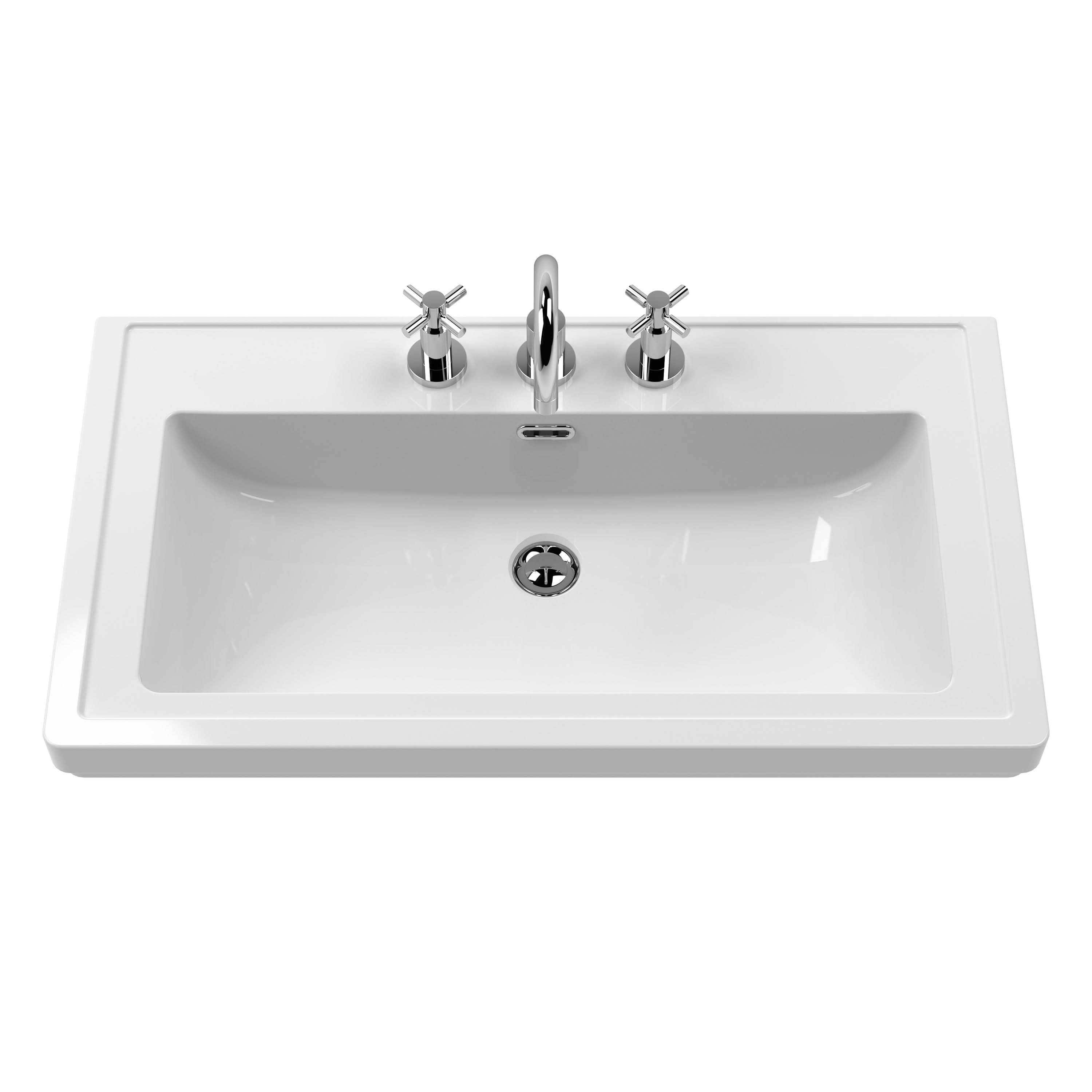Old London Floor Standing Vanity Unit with 3 Tap Hole Fireclay Basin, Traditional Sink Vanity Unit for Bathroom, Soft Close Doors in Timeless Sand, 800mm