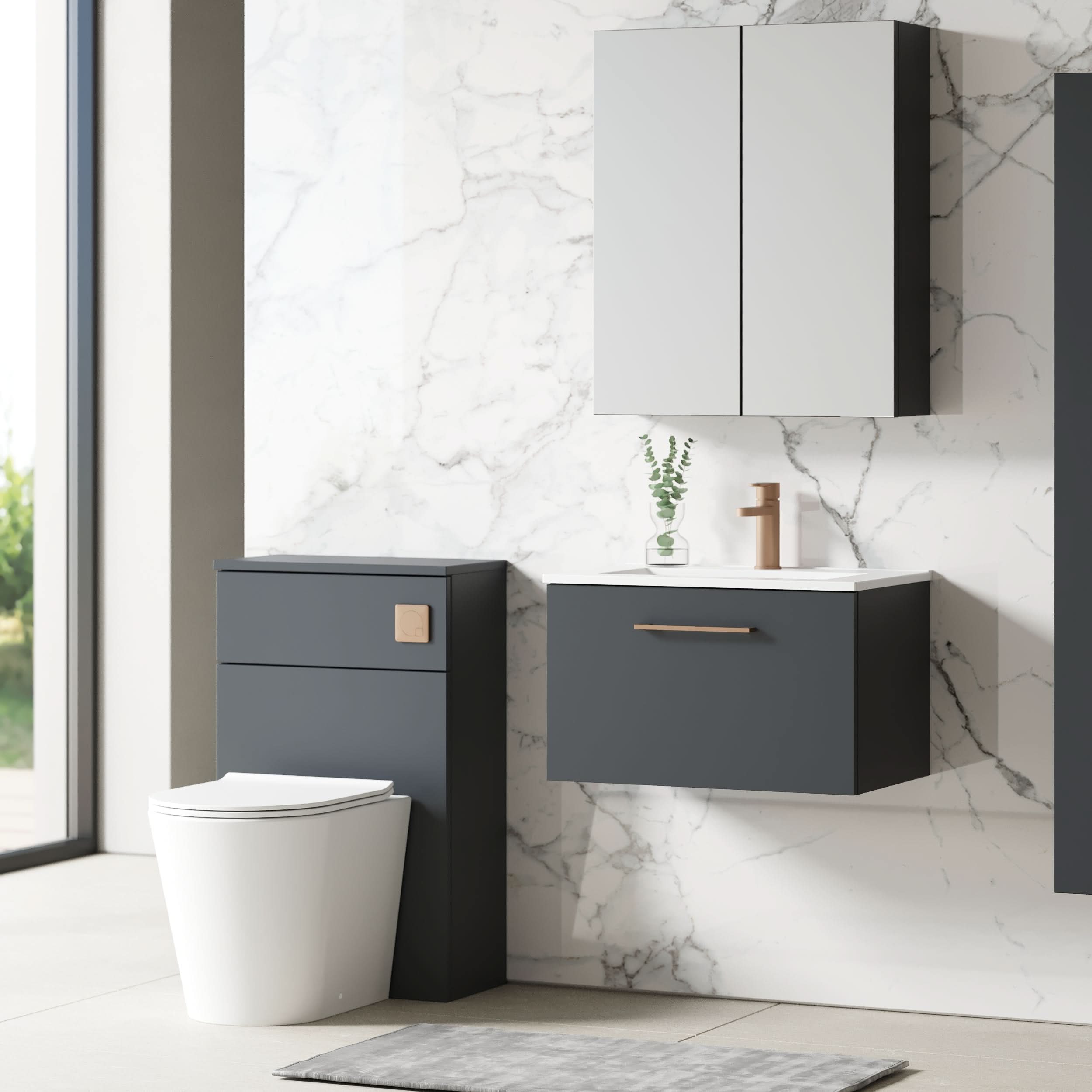 Nuie Arno Wall Hung 1 Drawer Vanity & Minimalist Ceramic Basin, Compact Wall Hung Vanity Unit with Basin, Soft Black, 600mm