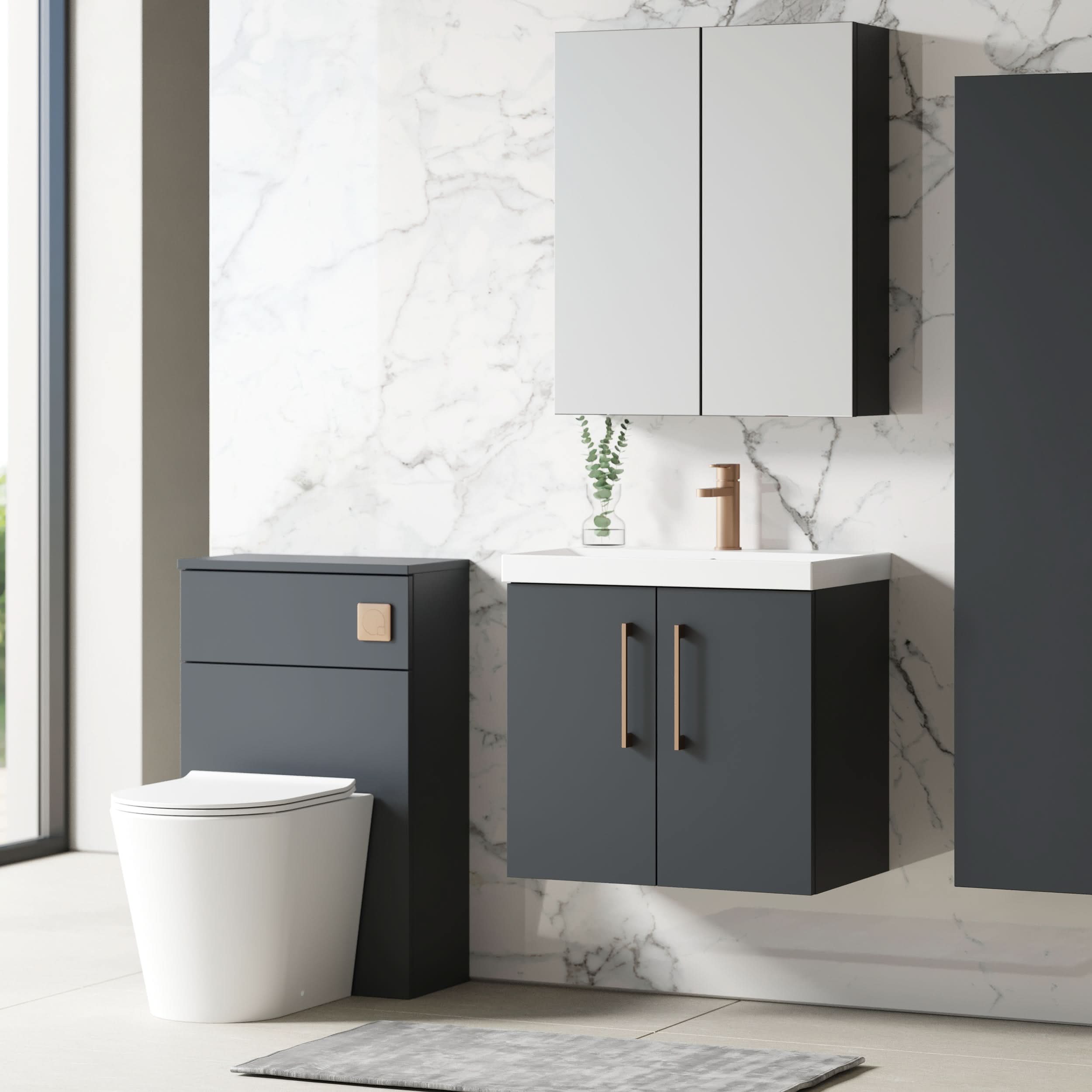 Nuie Arno Wall Hung 2 Door Vanity Unit & Thin-Edge Ceramic Basin, Contemporary Vanity Unit with Basin, Soft Black, 600mm