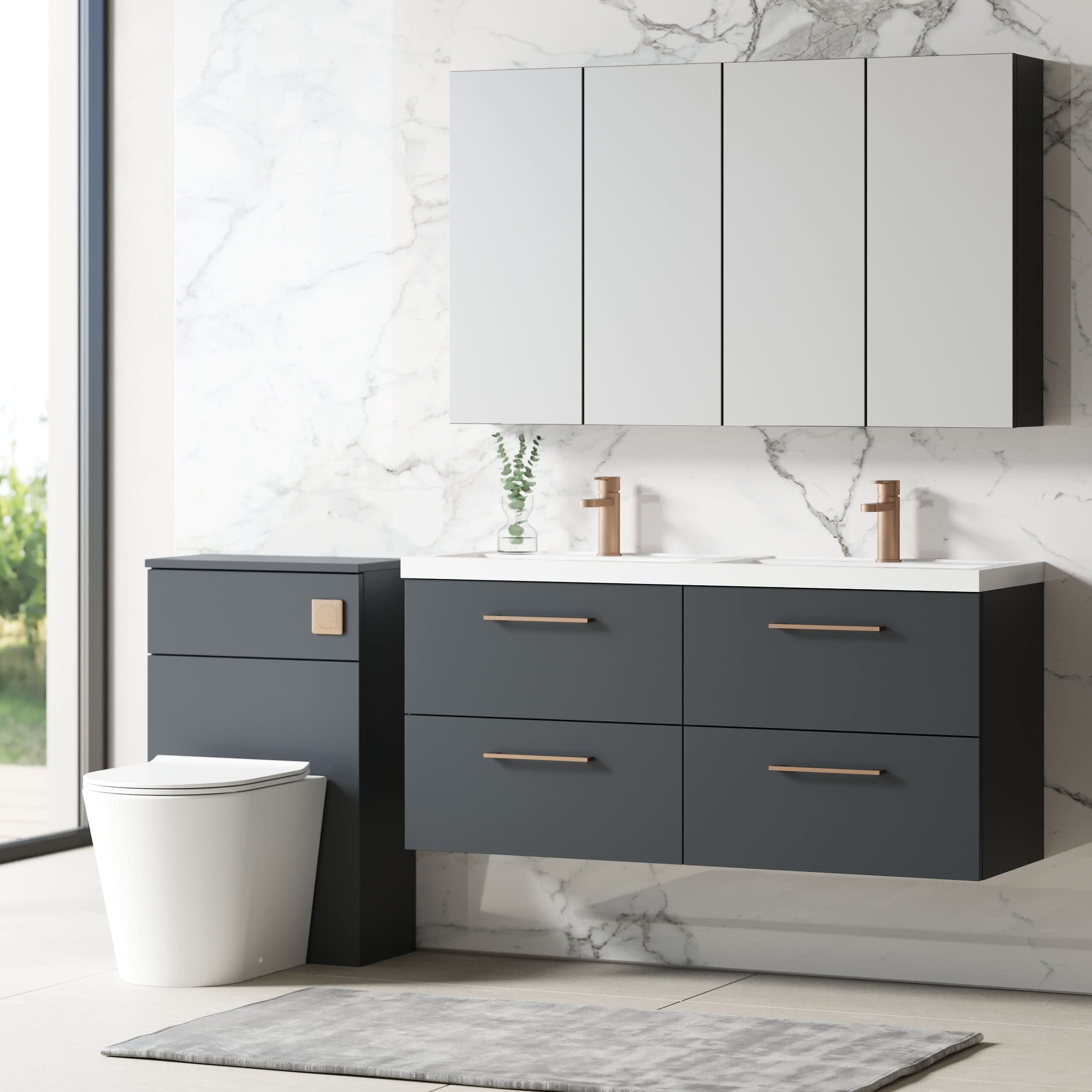 Nuie Arno Wall Hung 4 Drawer Vanity Unit & Double Polymarble Basin, Premium Wall Hung Vanity Unit and Basin, Soft Black, 1200mm