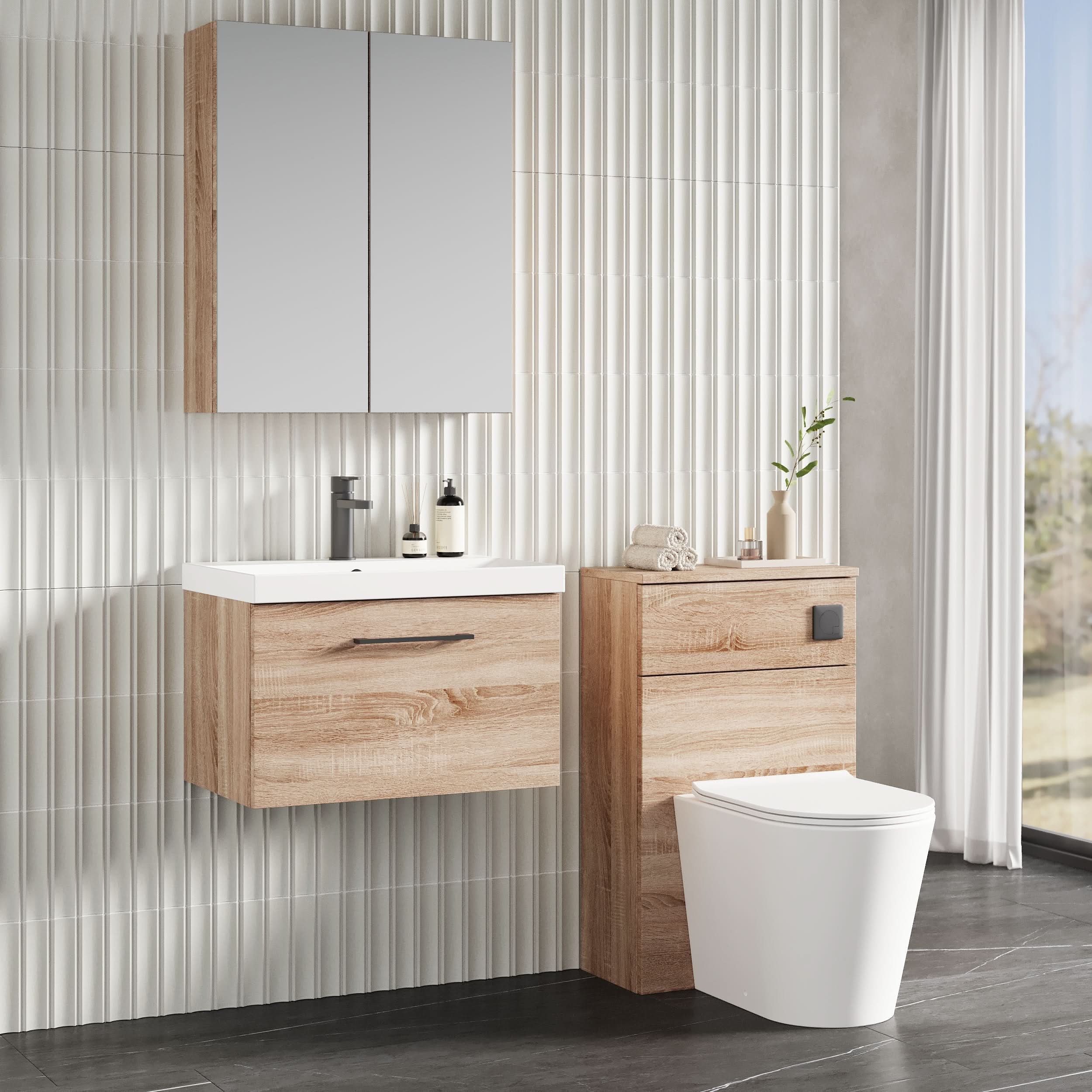 Nuie Arno Wall Hung 1-Drawer Vanity Unit & Thin-Edge Ceramic Basin, Modern Sink Vanity Unit with Soft Close Storage in Bleached Oak, 600mm
