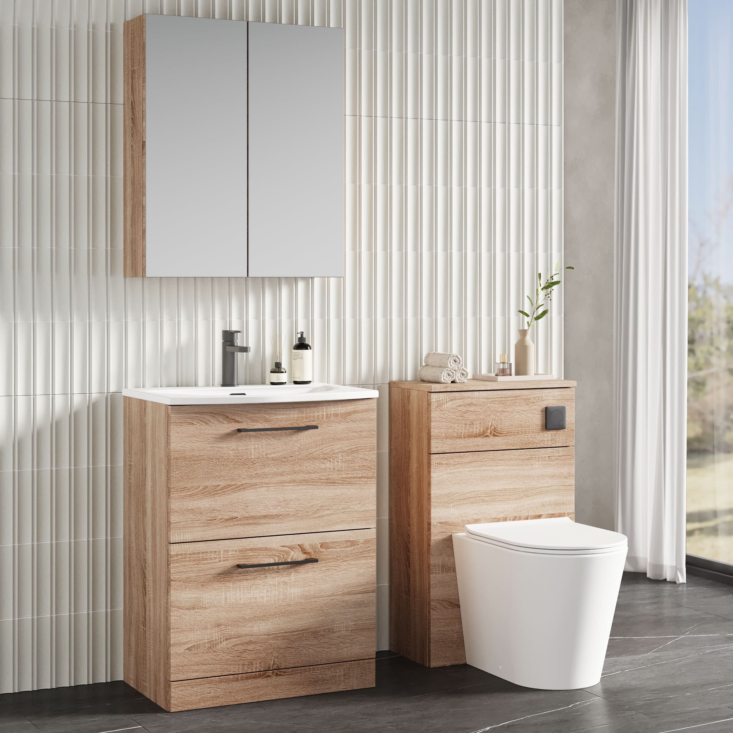Nuie Arno Floor Standing 2 Drawer Vanity Unit & Curved Ceramic Basin, Contemporary Sink Vanity Unit in Bleached Oak, 600mm