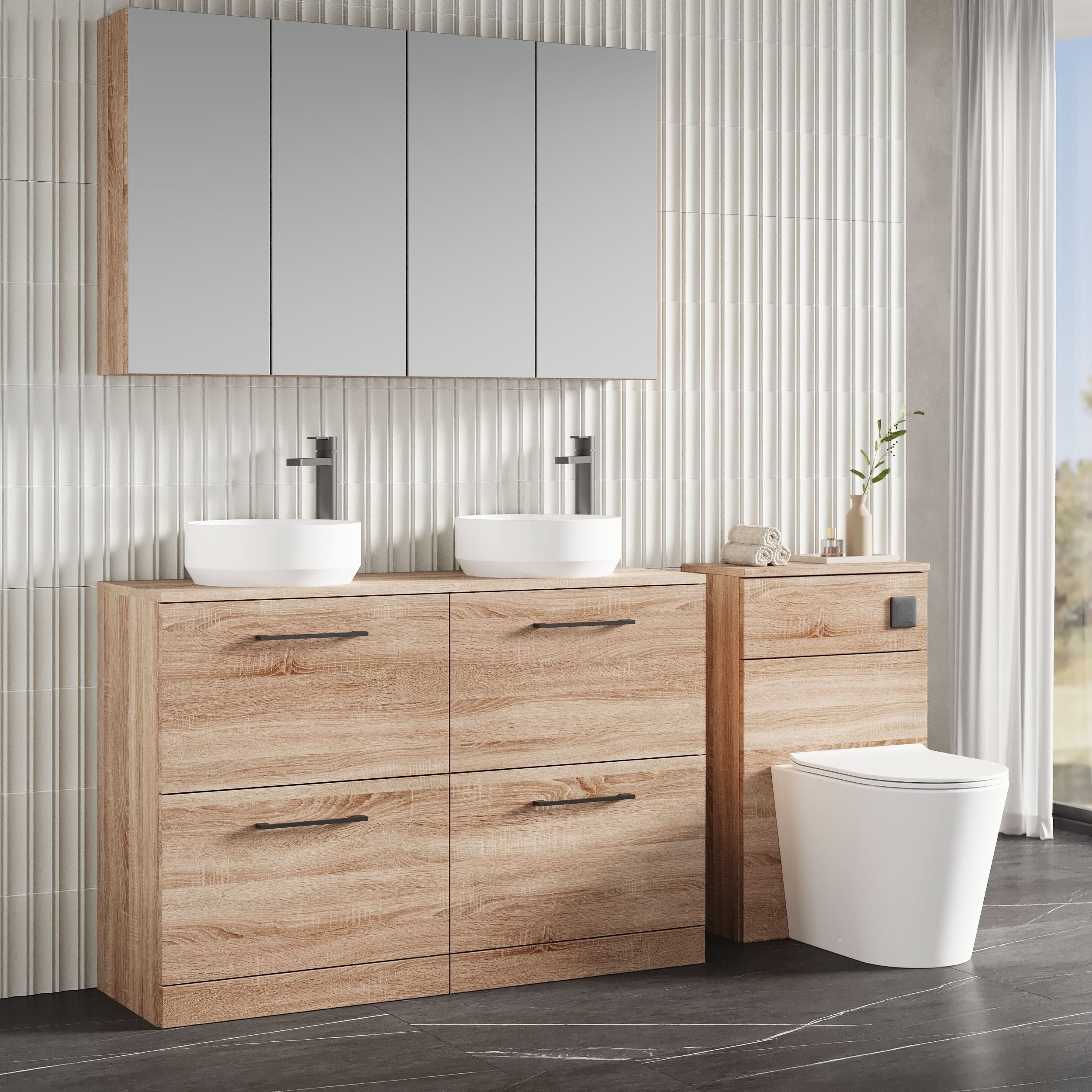 Nuie Arno Floor Standing 4 Drawer Vanity Unit & Worktop, Elegant Bathroom Vanity Unit in Bleached Oak with Bleached Cuneo Oak Worktop, 1200mm