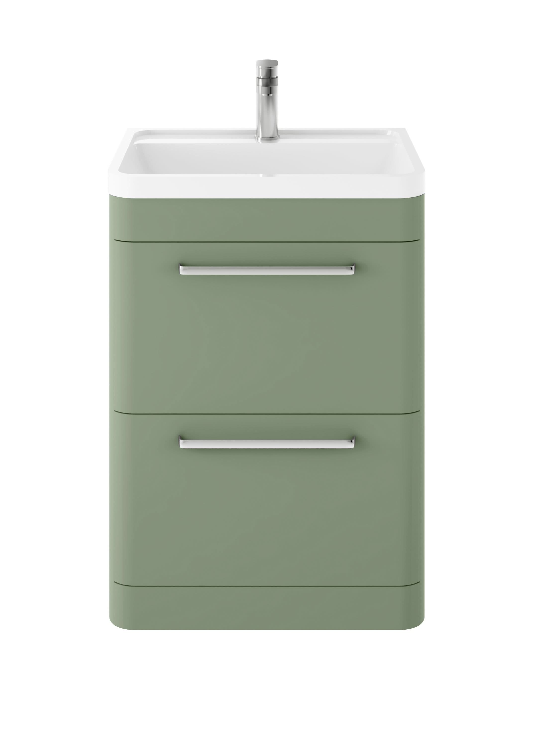 Hudson Reed Solar Floor Standing 2 Door Vanity Unit with Polymarble Basin, Durable Modern Vanity Unit in Fern Green, 600mm