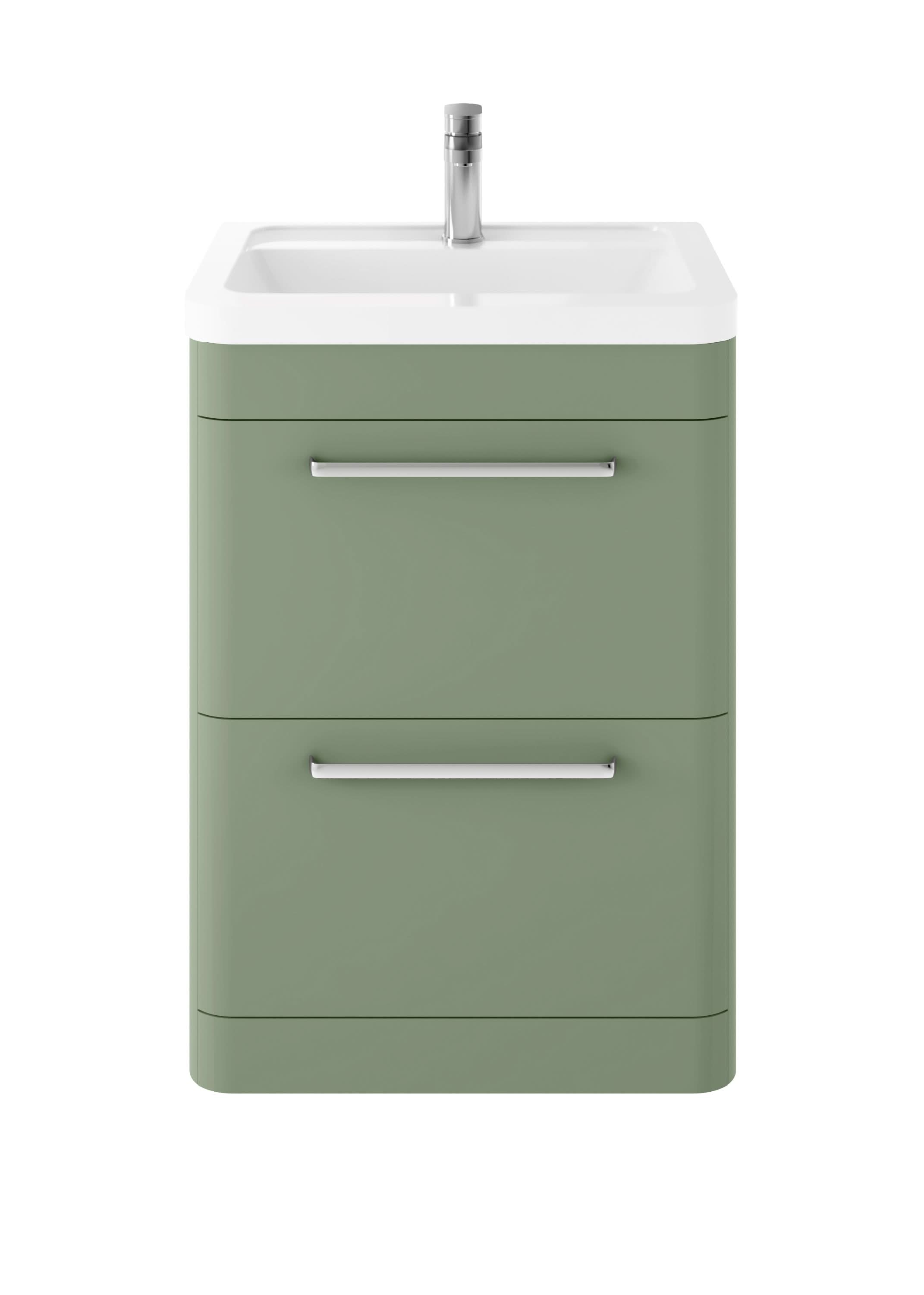 Hudson Reed Solar Floor Standing 2 Door Vanity Unit with Ceramic Basin, Durable Modern Vanity Unit in Fern Green, 600mm