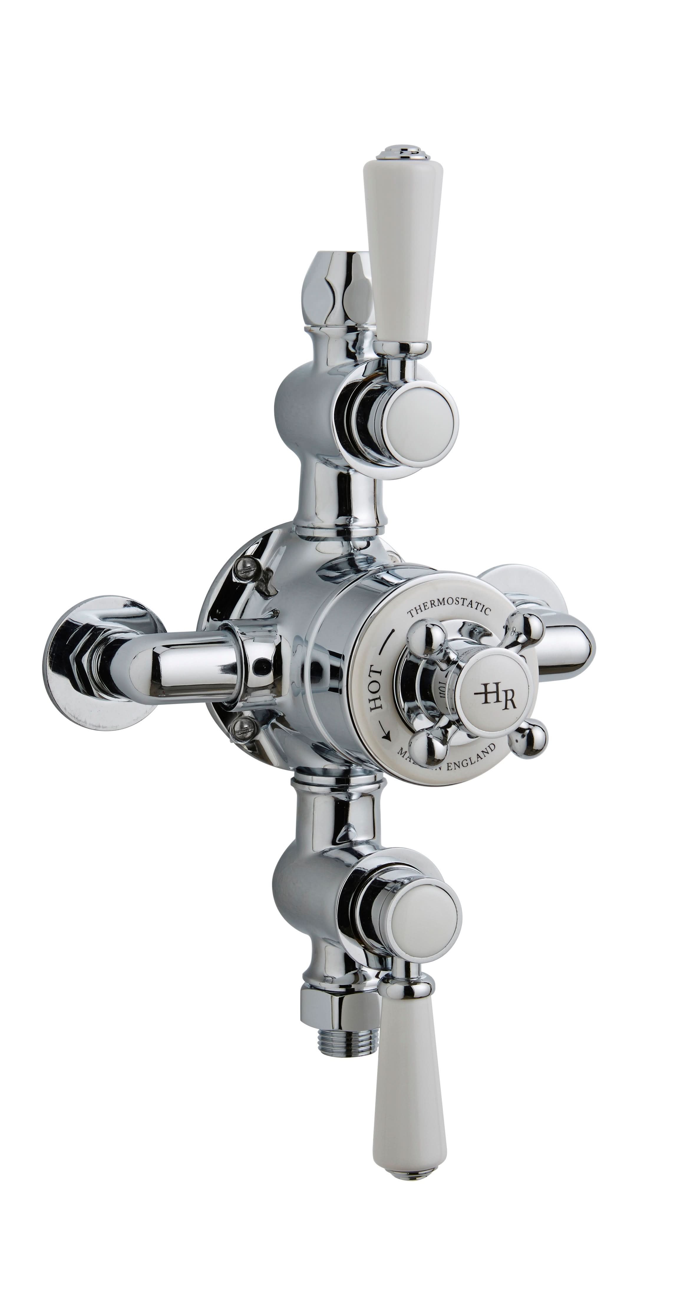 Old London Triple Thermostatic Exposed Shower Valve in 2 White Topaz and Crosshead Handle, Accurate Flow Control in Chrome Finish