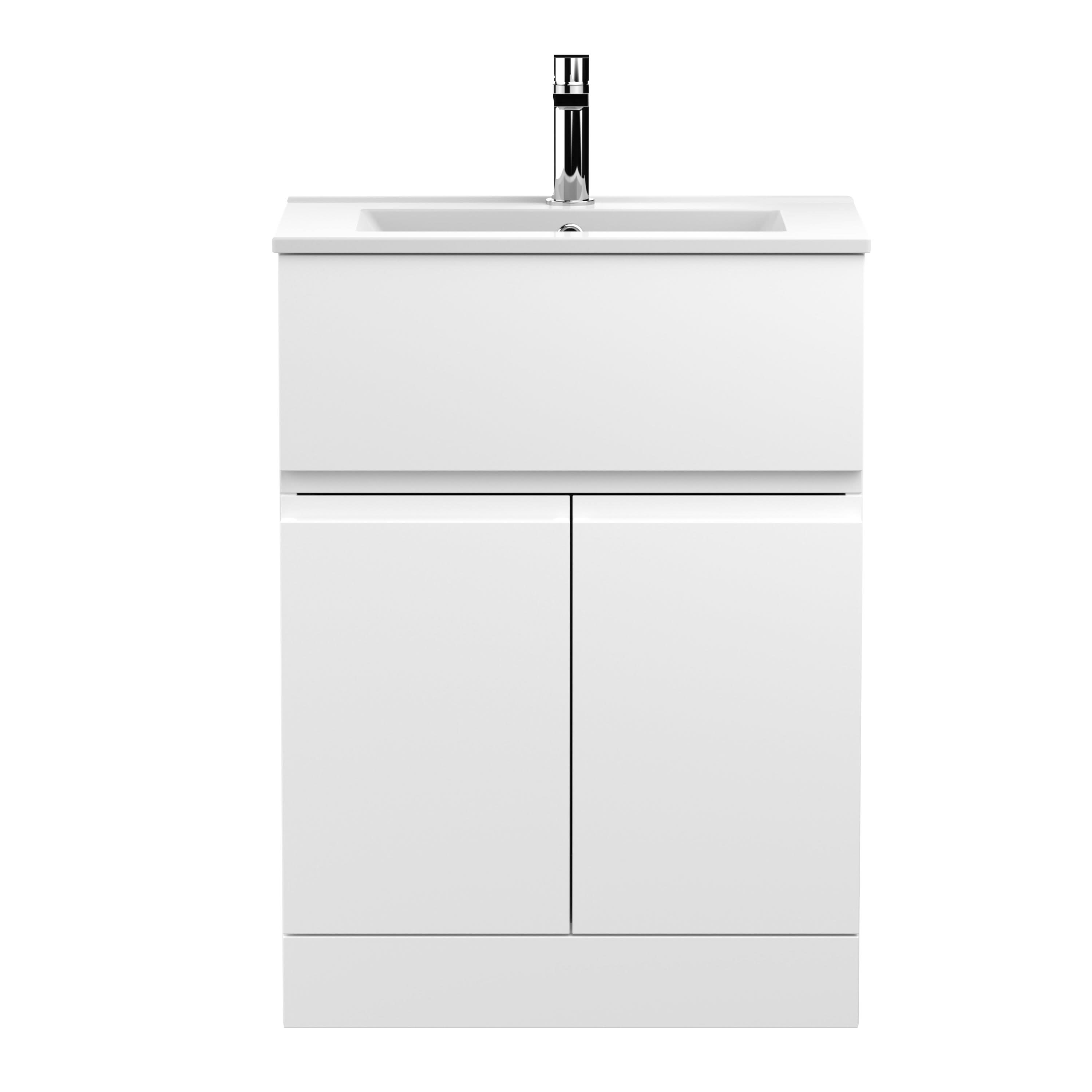Hudson Reed Urban Floor Standing 2 Door 1 Drawer Vanity Unit with Minimalist Basin, Modern Vanity Unit in Satin White, 600mm