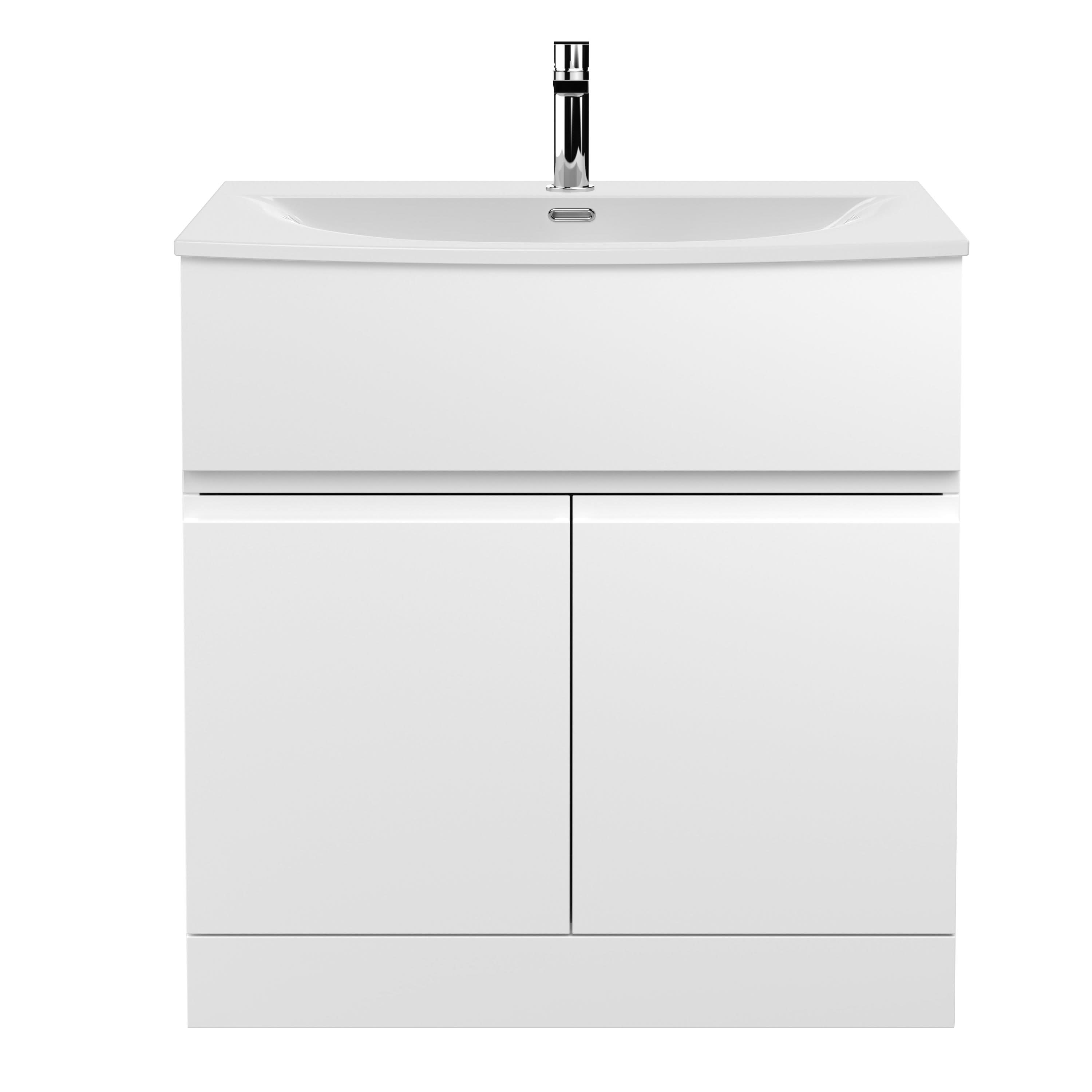 Hudson Reed Urban Floor Standing 2 Door 1 Drawer Vanity Unit with Curved Basin, Durable Modern Vanity Unit in Satin White, 800mm