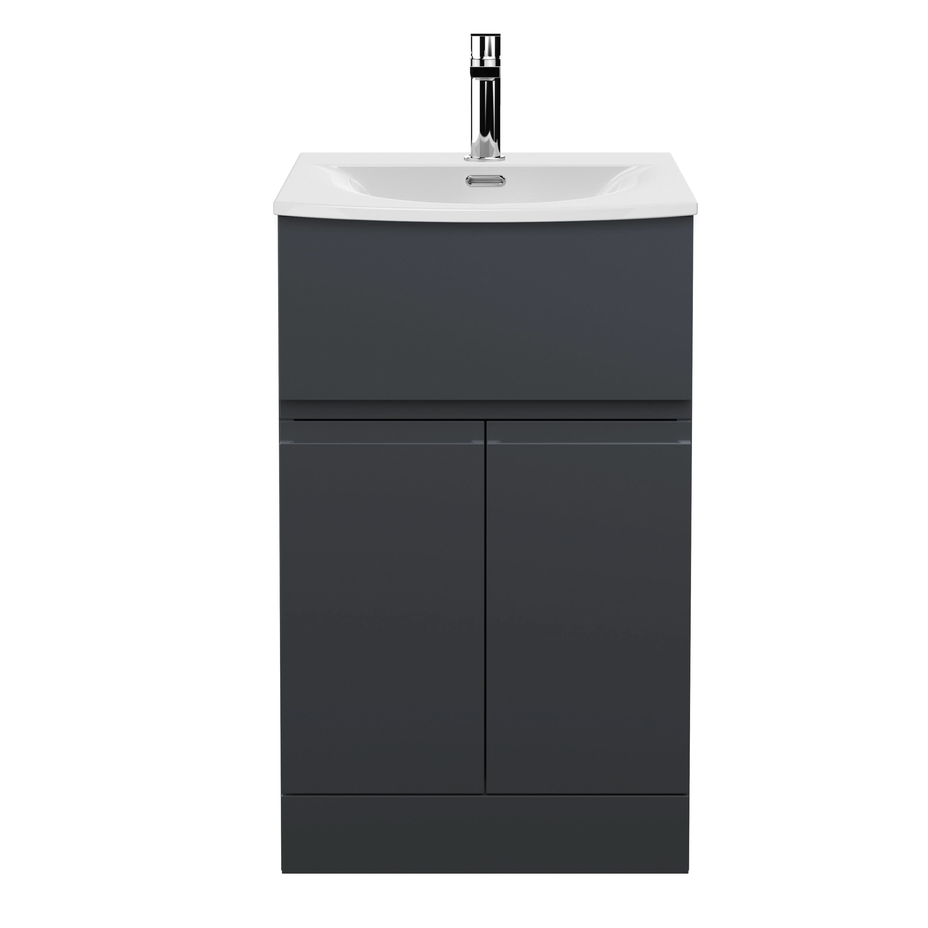 Hudson Reed Urban Floor Standing 2 Door 1 Drawer Vanity Unit with Curved Basin, Durable Modern Vanity Unit in Soft Black, 500mm