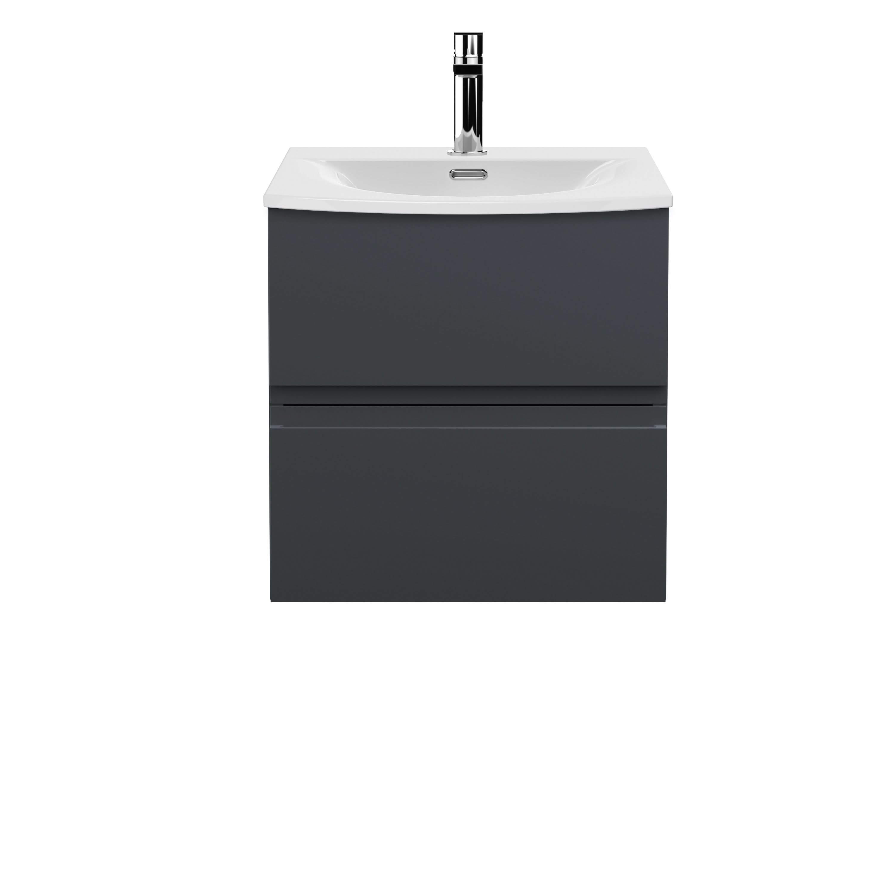 Hudson Reed Urban Wall Hung 2 Drawer Vanity Unit with Curved Ceramic Basin, Modern Bathroom Furniture in Soft Black, 500mm