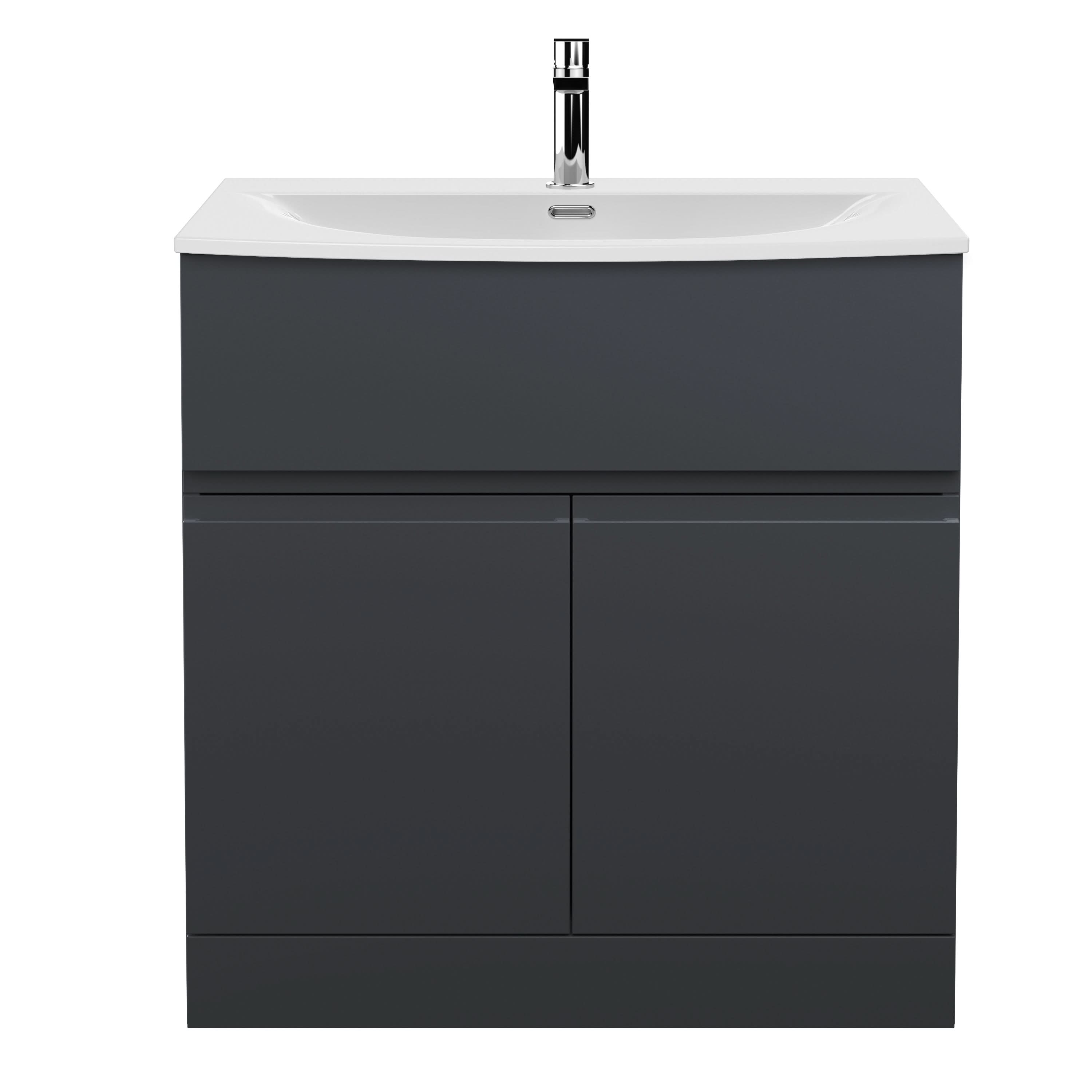 Hudson Reed Urban Floor Standing 2 Door 1 Drawer Vanity Unit with Curved Basin, Durable Modern Vanity Unit in Soft Black, 800mm