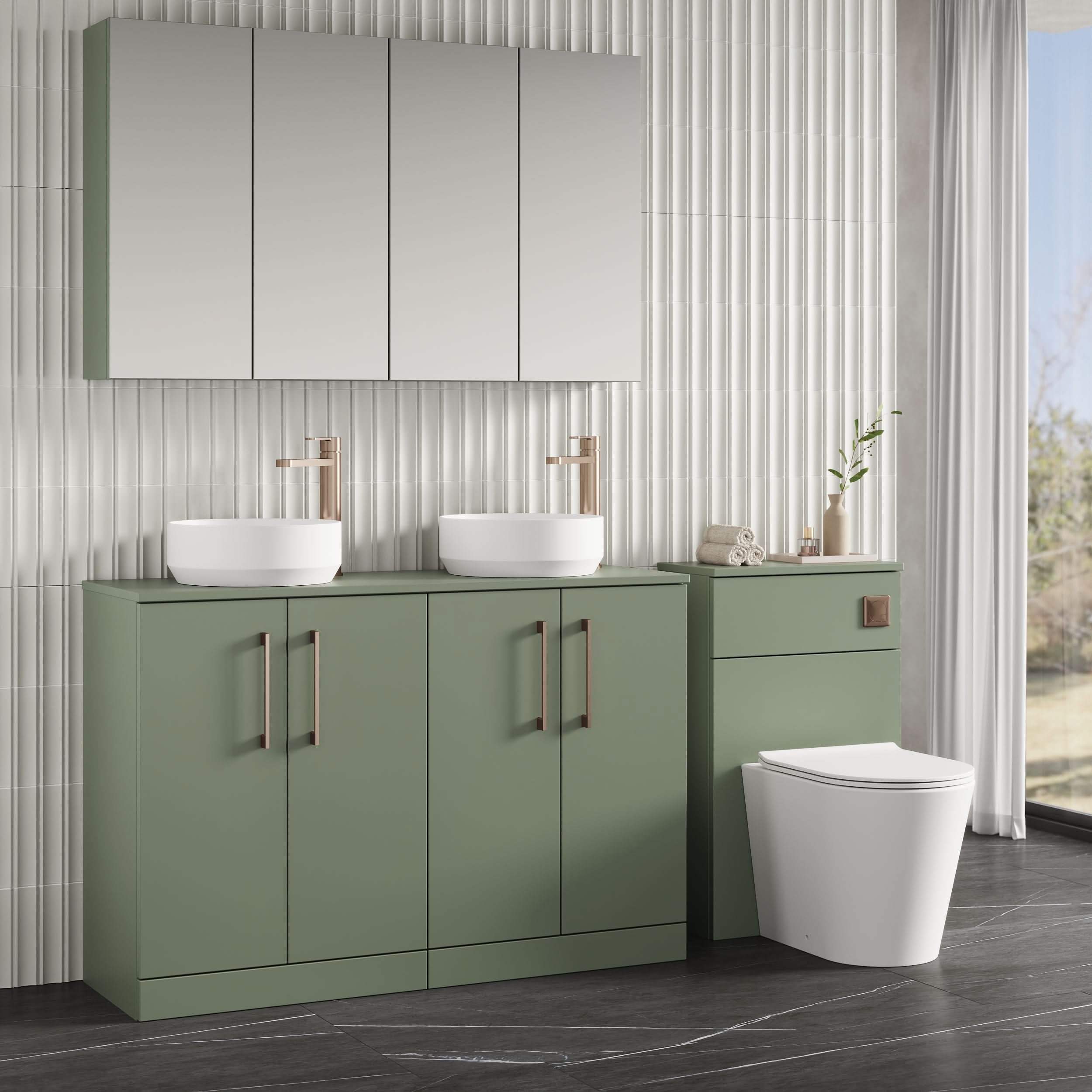 Modern bathroom with sage green cabinets, a 1200mm wide Nuie Arno 4 Door Floorstanding Vanity Unit With Worktop, two white vessel sinks, mirrored medicine cabinets, minimalist décor, vertical white tiles, and dark floor tiles for a sleek look.