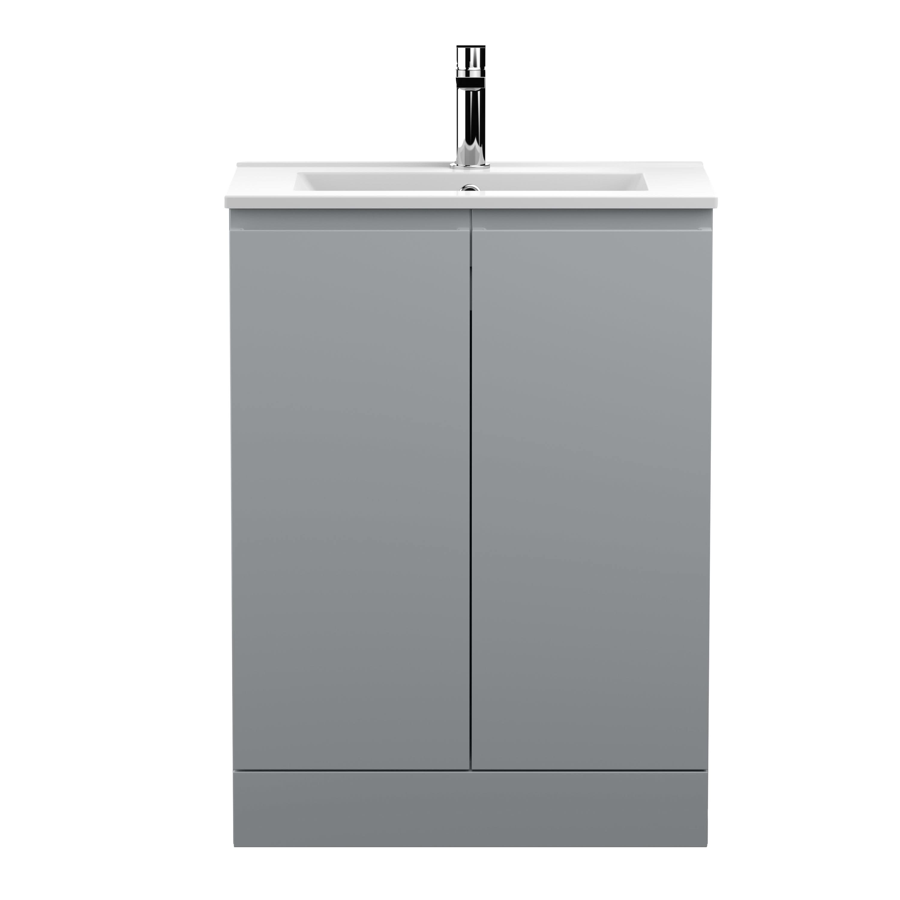 Hudson Reed Urban Floor Standing 2 Soft Close Door Vanity Unit with Minimalist Basin, Modern Vanity Unit in Satin Grey, 600mm