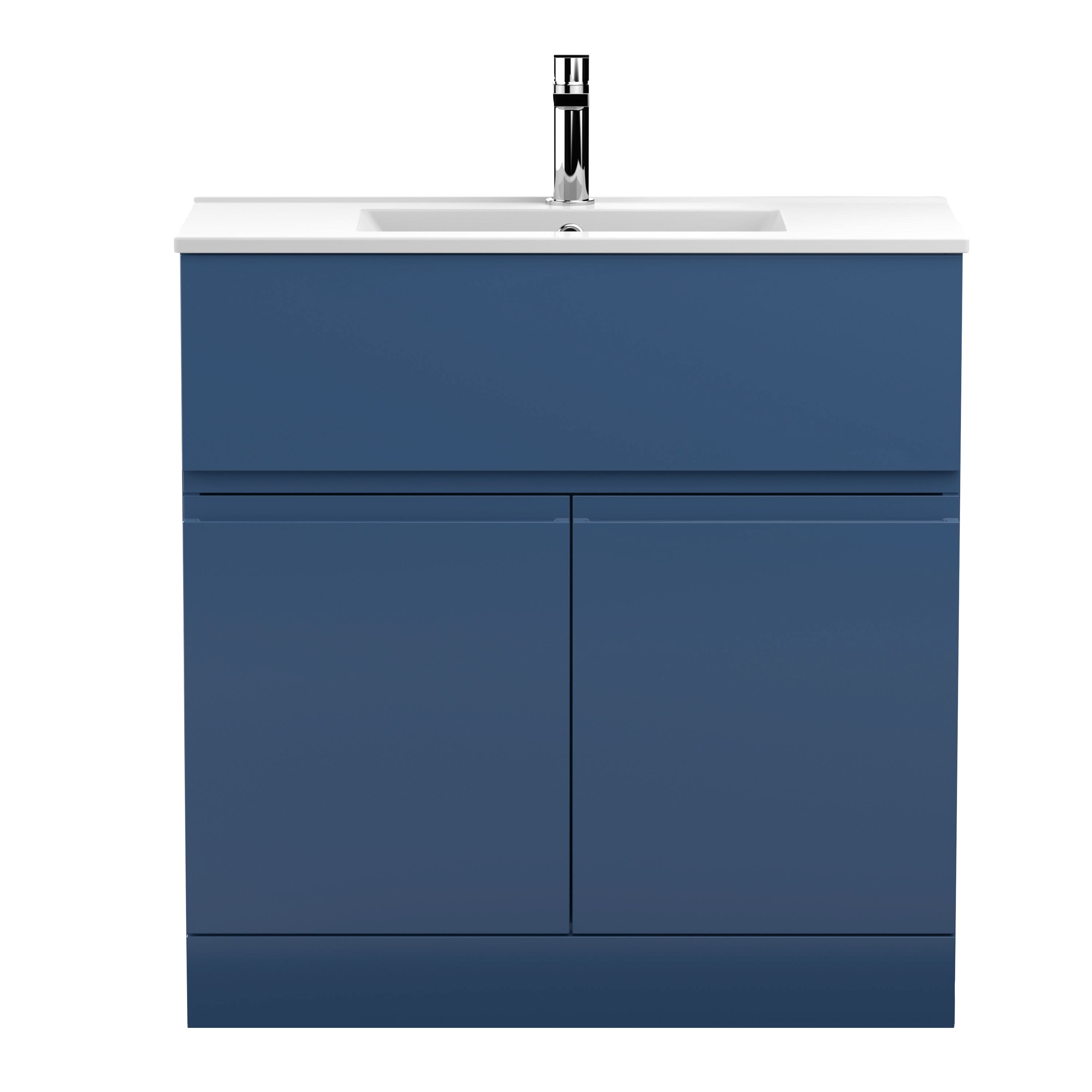 Hudson Reed Urban Floor Standing 2 Door 1 Drawer Vanity Unit with Minimalist Basin, Modern Vanity Unit in Satin Blue, 800mm