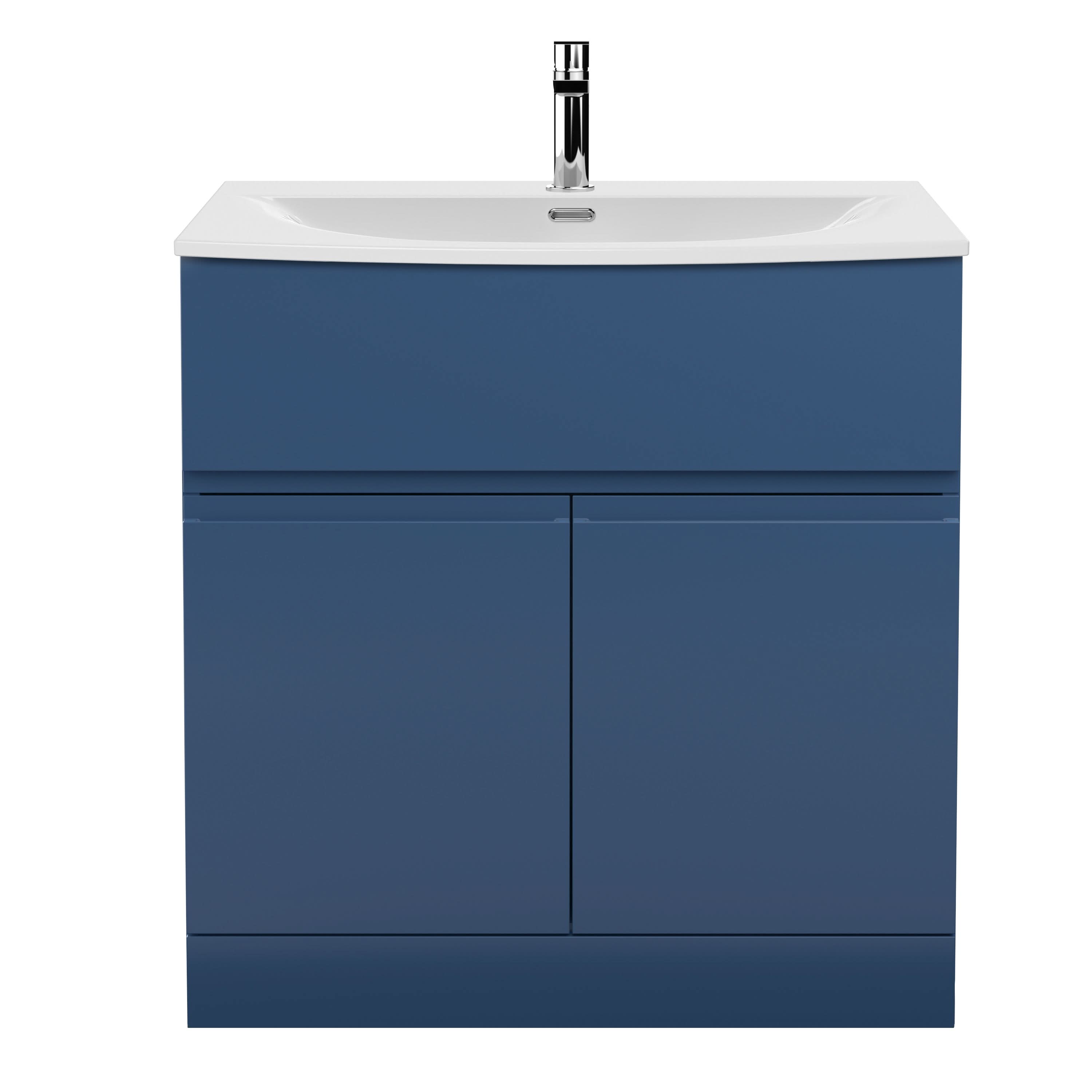 Hudson Reed Urban Floor Standing 2 Door 1 Drawer Vanity Unit with Curved Basin, Durable Modern Vanity Unit in Satin Blue, 800mm