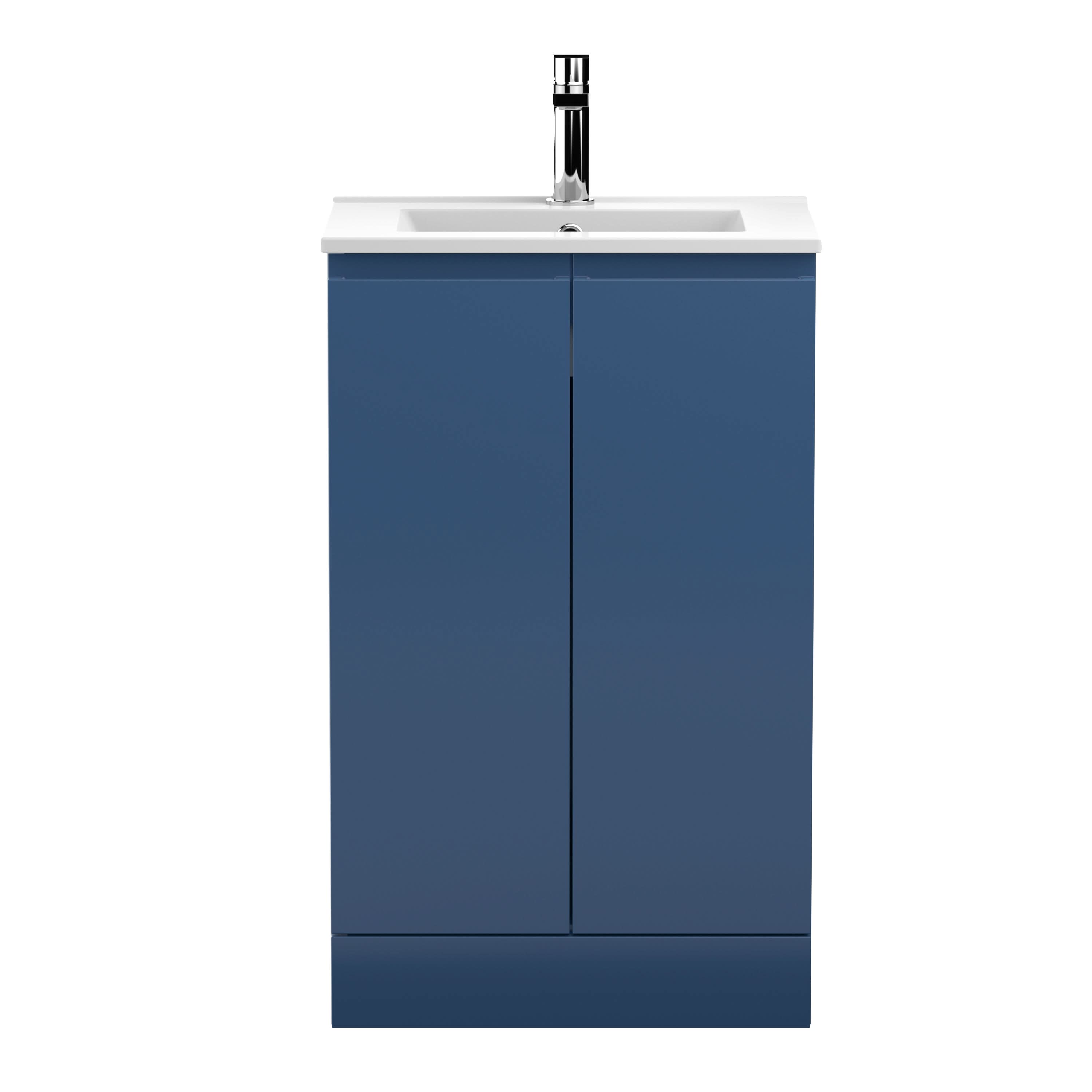 Hudson Reed Urban Floor Standing 2 Soft Close Door Vanity Unit with Minimalist Basin, Modern Vanity Unit in Satin Blue, 500mm