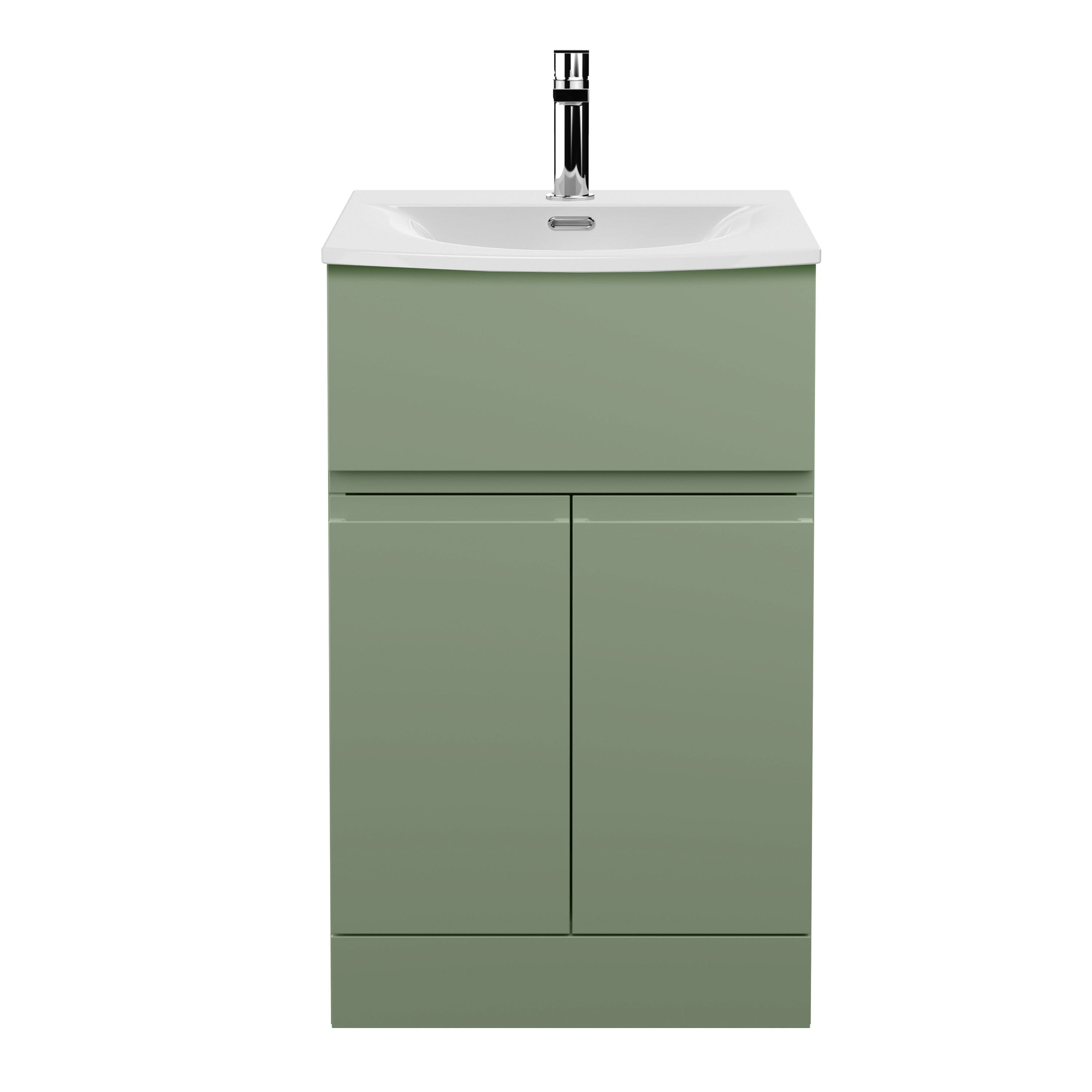 Hudson Reed Urban Floor Standing 2 Door 1 Drawer Vanity Unit with Curved Basin, Durable Modern Vanity Unit in Satin Green, 500mm