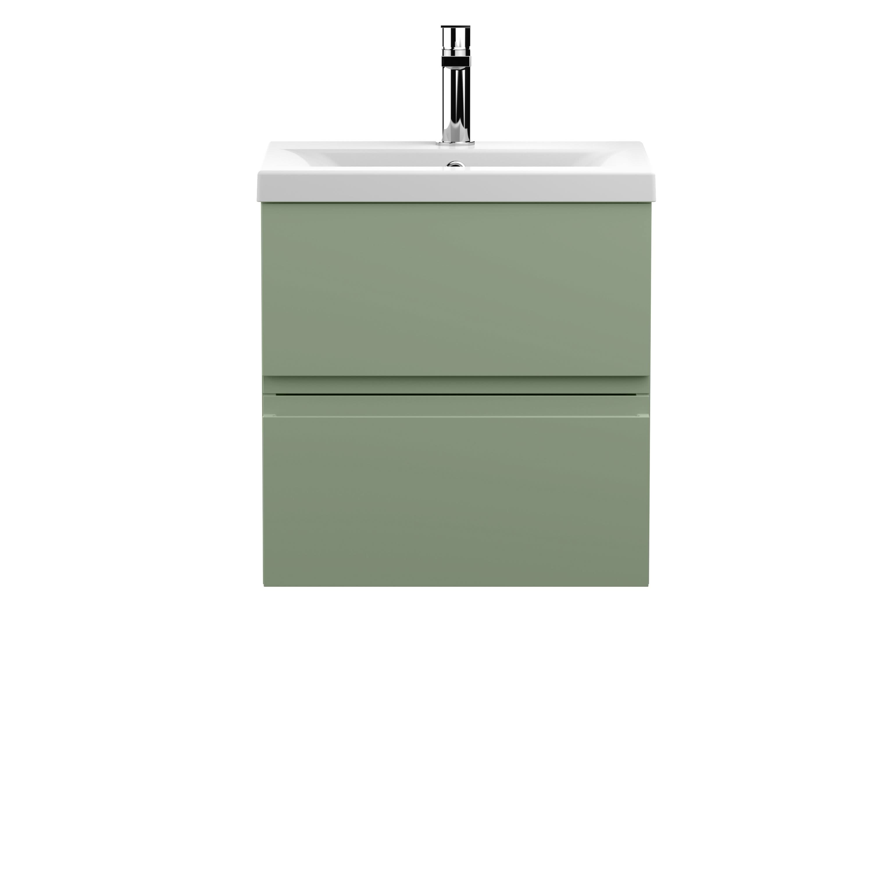 Hudson Reed Urban Wall Hung 2 Drawer Vanity Unit with Mid-Edge Ceramic Basin, Modern Bathroom Furniture in Satin Green, 500mm