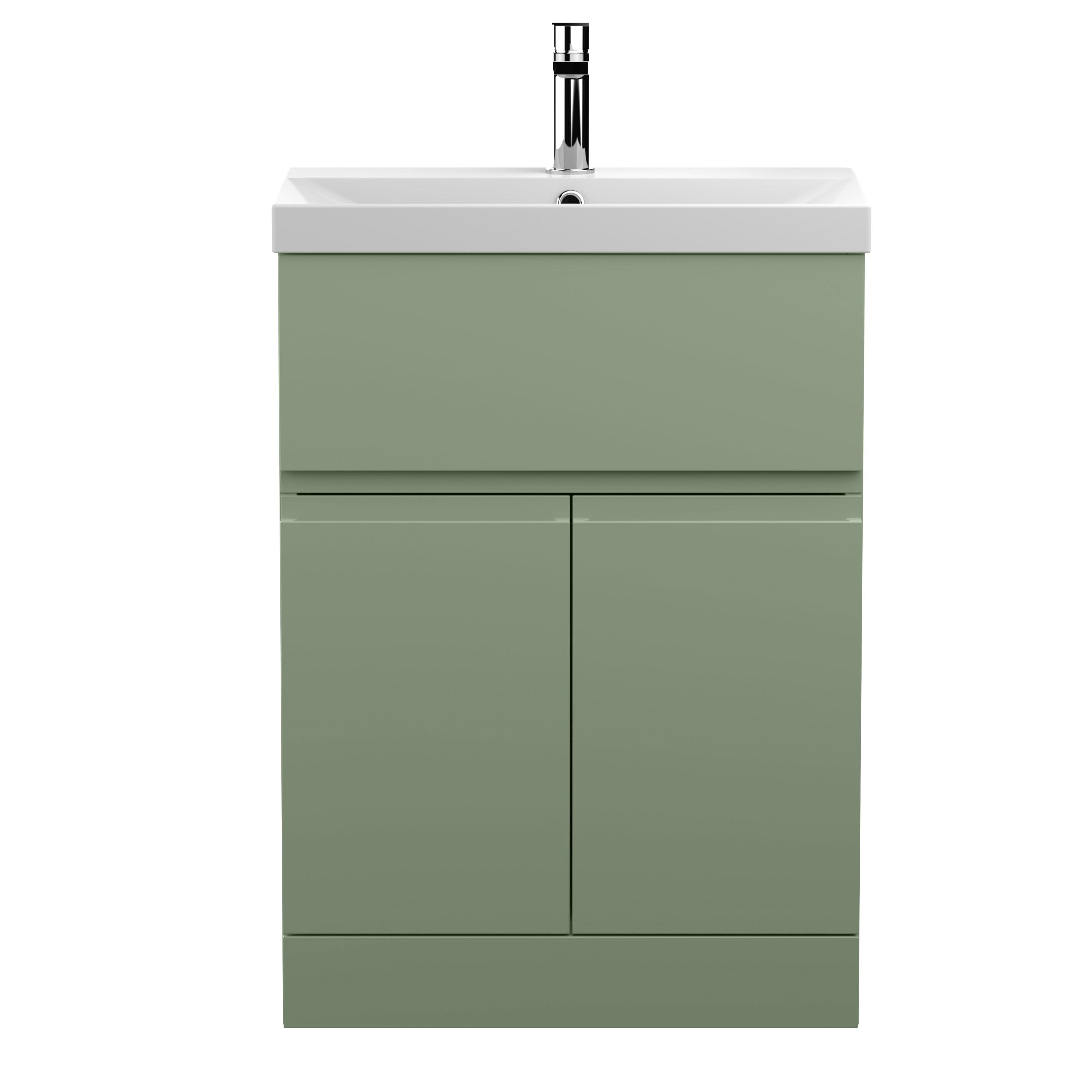 Hudson Reed Urban Floor Standing 2 Door 1 Drawer Vanity Unit with Thin-Edge Basin, Modern Vanity Unit in Satin Green, 600mm