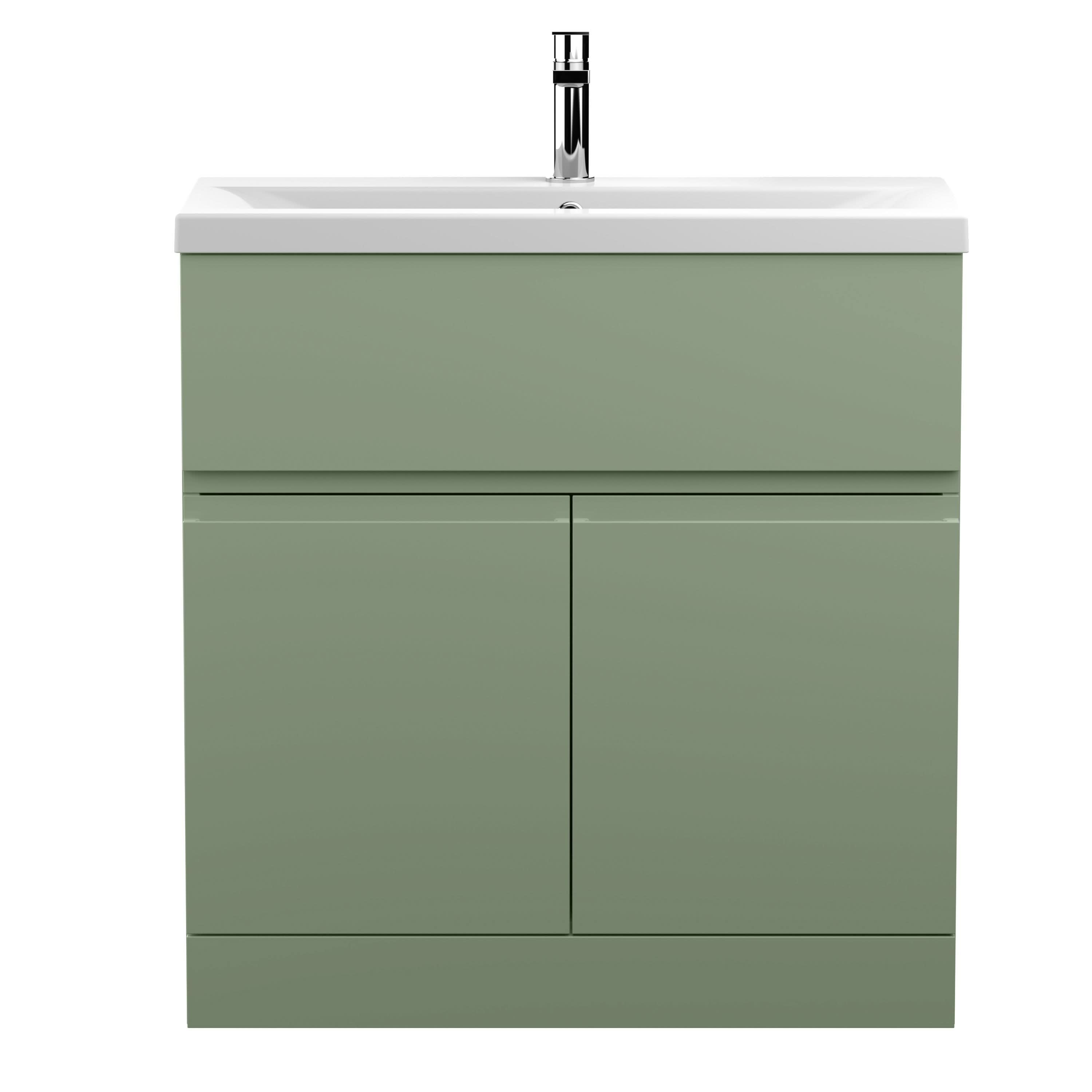Hudson Reed Urban Floor Standing 2 Door 1 Drawer Vanity Unit with Mid-Edge Basin, Durable Modern Vanity Unit in Satin Green, 800mm
