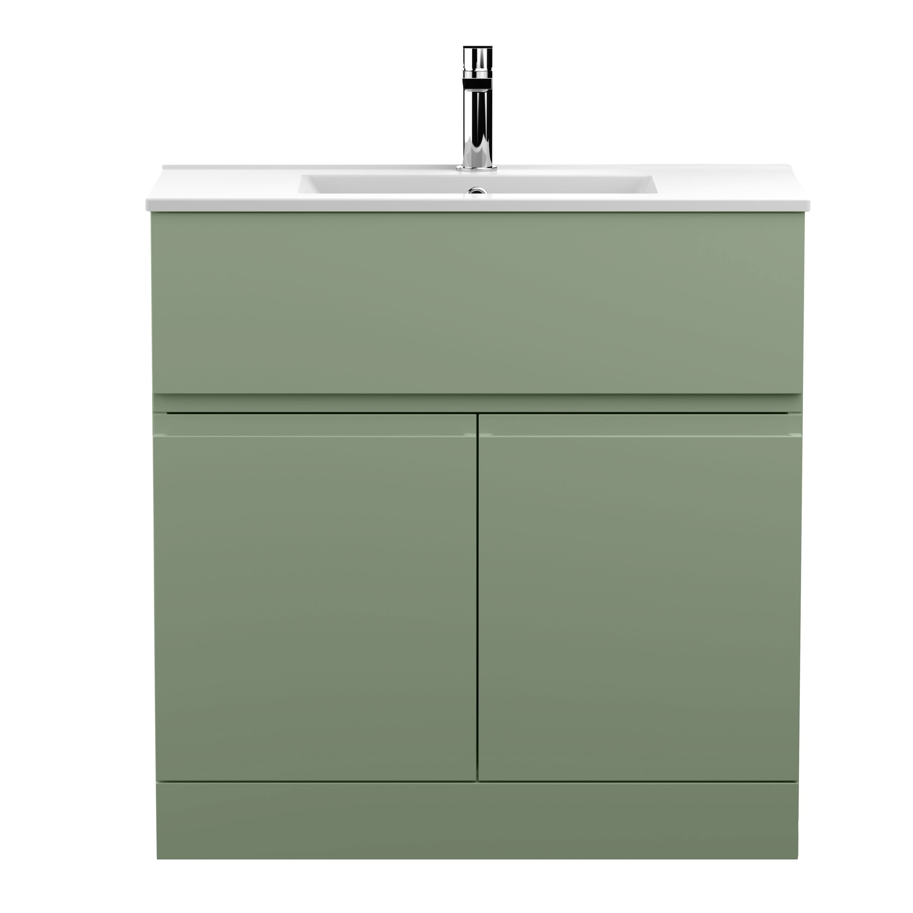 Hudson Reed Urban Floor Standing 2 Door 1 Drawer Vanity Unit with Minimalist Basin, Modern Vanity Unit in Satin Green, 800mm
