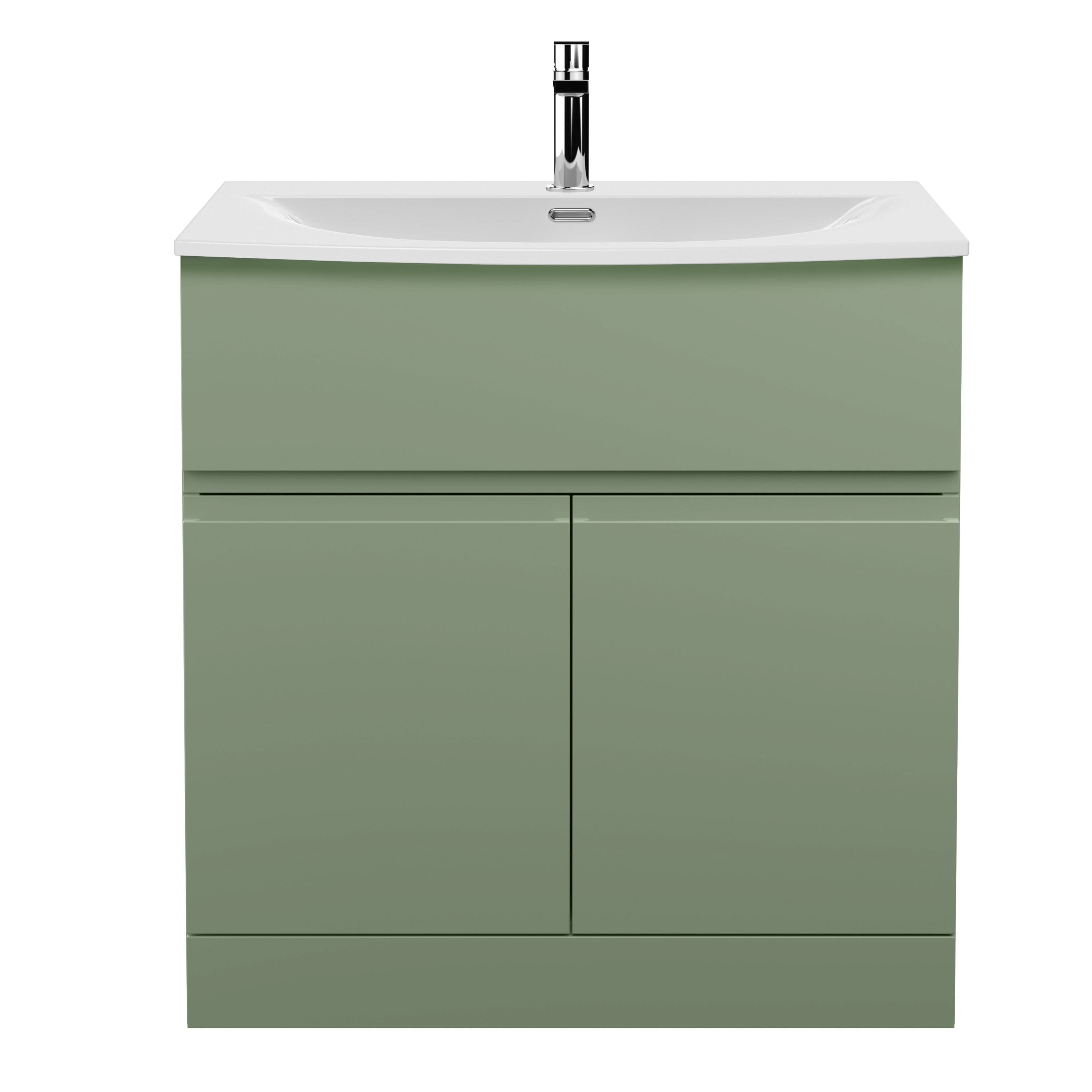 Hudson Reed Urban Floor Standing 2 Door 1 Drawer Vanity Unit with Curved Basin, Durable Modern Vanity Unit in Satin Green, 800mm