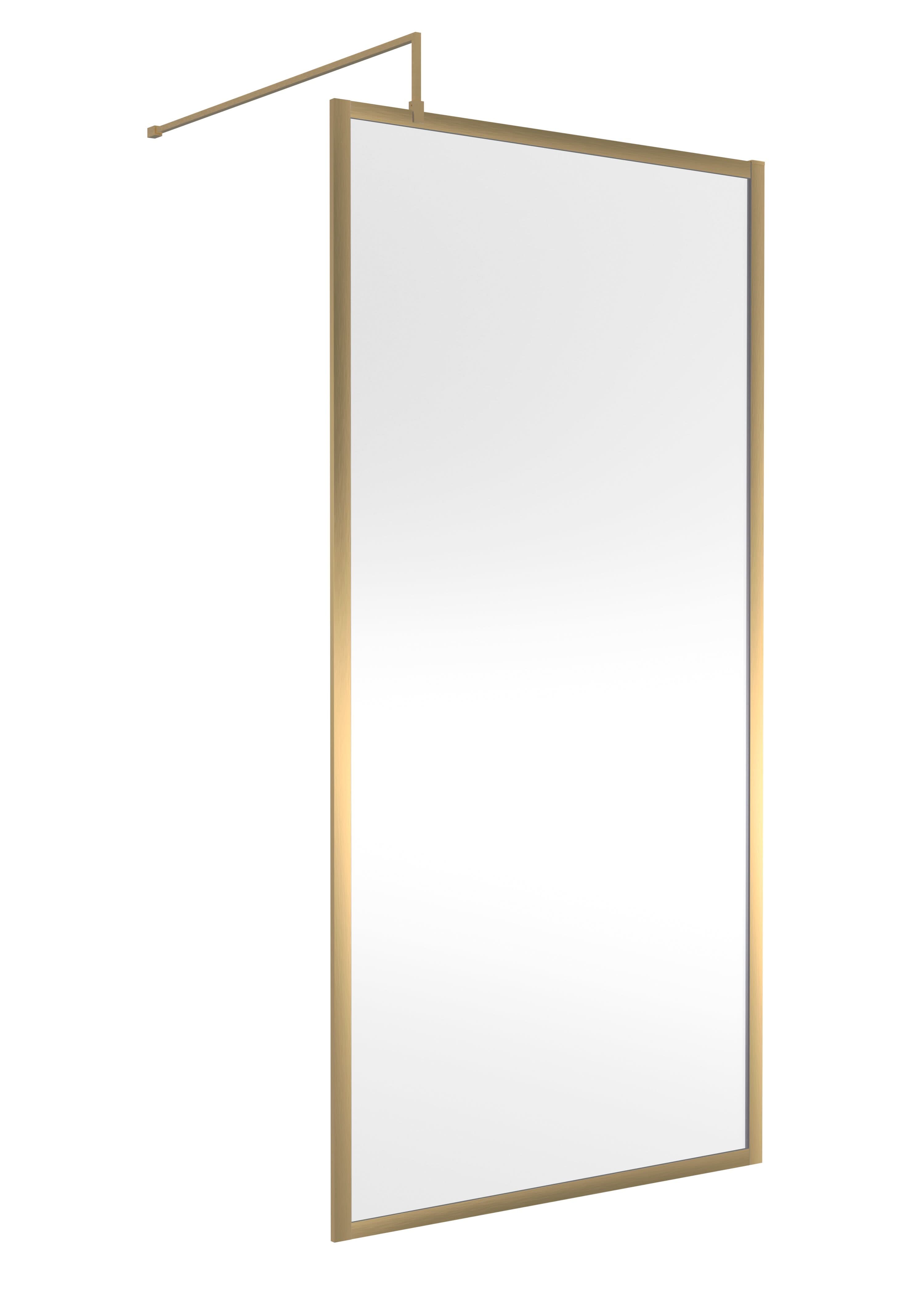 Hudson Reed Full Outer Frame Wetroom Screen, Toughened Glass with Support Bar & Wetroom Shower Screen in Brushed Brass, 1950x1000mm