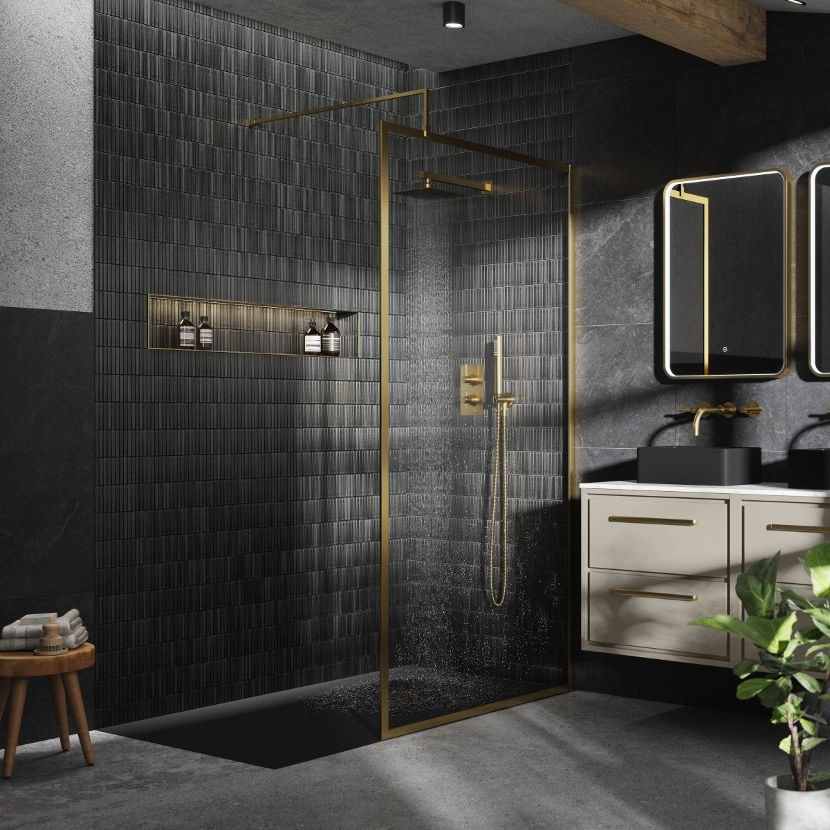Hudson Reed Full Outer Frame Wetroom Screen, Toughened Glass with Support Bar & Wetroom Shower Screen in Brushed Brass, 1950x1400mm