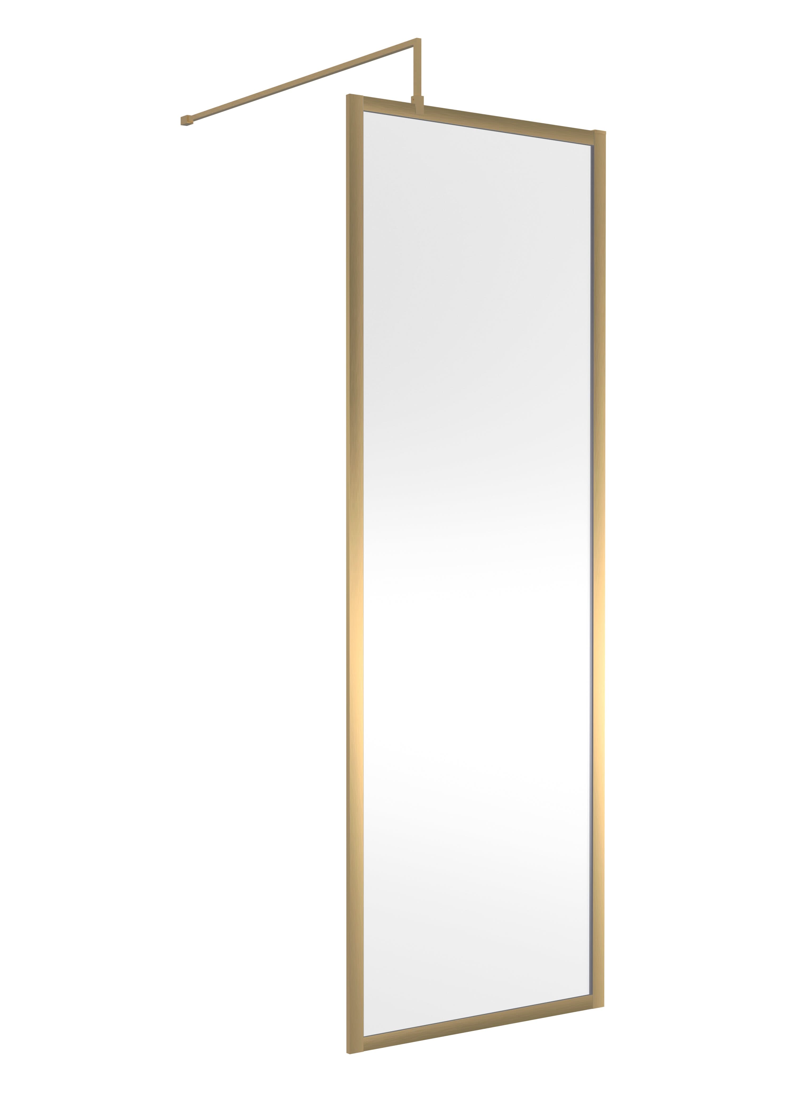 Hudson Reed Full Outer Frame Wetroom Screen, Toughened Glass with Support Bar & Wetroom Shower Screen in Brushed Brass, 1950x700mm